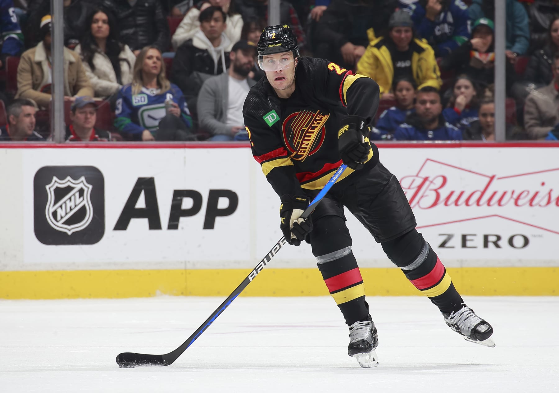 VANCOUVER, CANADA - JANUARY 27: Luke Schenn #2 of the Vancouver Canucks skates up ice during their NHL game against the Columbus Blue Jackets at Rogers Arena January 27, 2023 in Vancouver, British Columbia, Canada.  (Photo by Jeff Vinnick/NHLI via Getty Images)