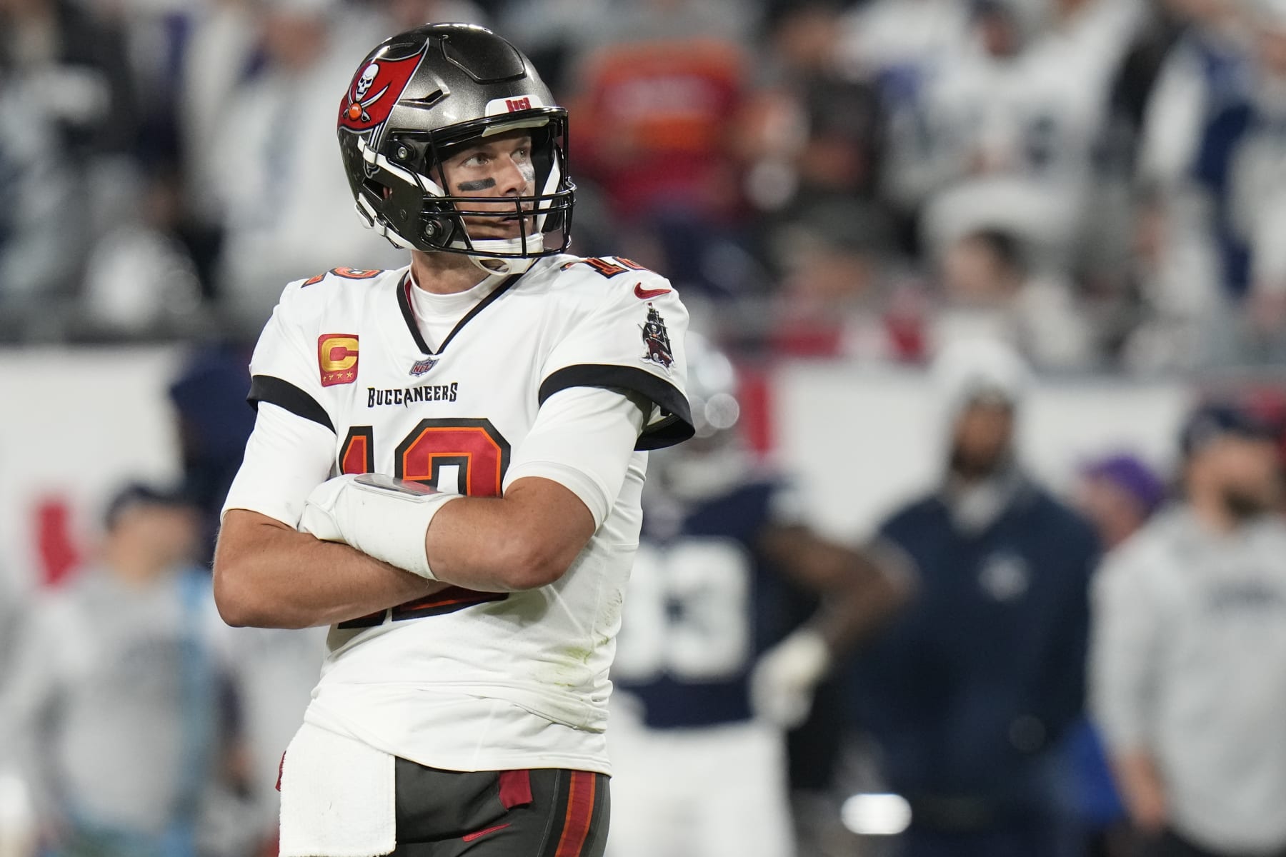 Tampa Bay Buccaneers quarterback Tom Brady (12) against the Dallas Cowboys during an NFL wild card playoff football game Monday, Jan 16, 2023, in Tampa, Fla. (AP Photo/Chris O'Meara)