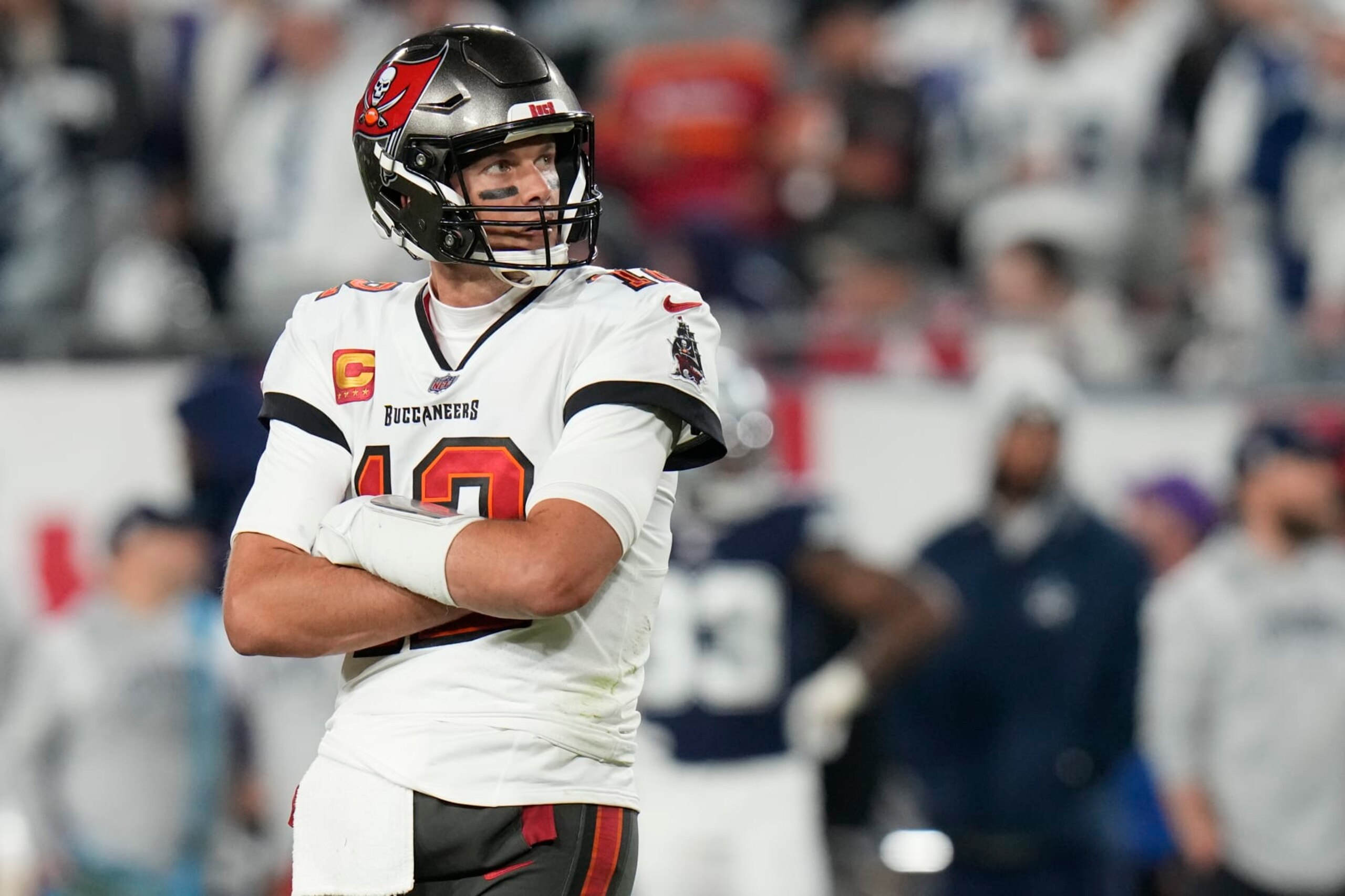 Tampa Bay Buccaneers quarterback Tom Brady (12) against the Dallas Cowboys during an NFL wild card playoff football game Monday, Jan 16, 2023, in Tampa, Fla. (AP Photo/Chris O'Meara) Tampa Bay Buccaneers quarterback Tom Brady (12) against the Dallas Cowboys during an NFL wild card playoff football game Monday, Jan 16, 2023, in Tampa, Fla. (AP Photo/Chris O'Meara)