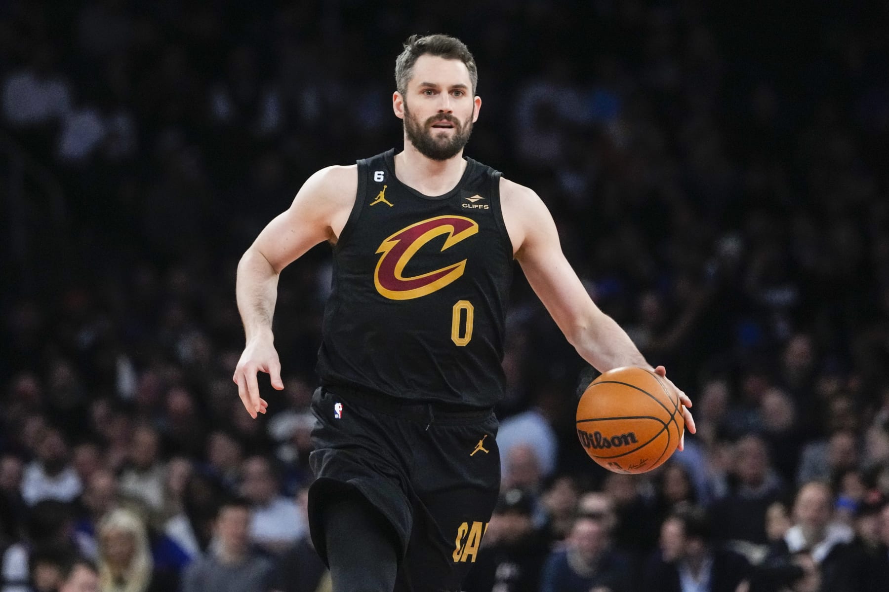 Cleveland Cavaliers' Kevin Love (0) during the first half of an NBA basketball game against the New York Knicks Tuesday, Jan. 24, 2023, in New York. (AP Photo/Frank Franklin II)