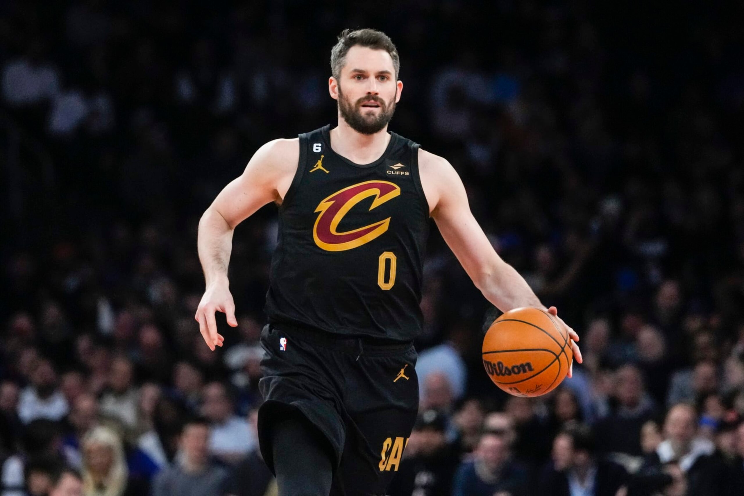 Cleveland Cavaliers' Kevin Love (0) during the first half of an NBA basketball game against the New York Knicks Tuesday, Jan. 24, 2023, in New York. (AP Photo/Frank Franklin II)