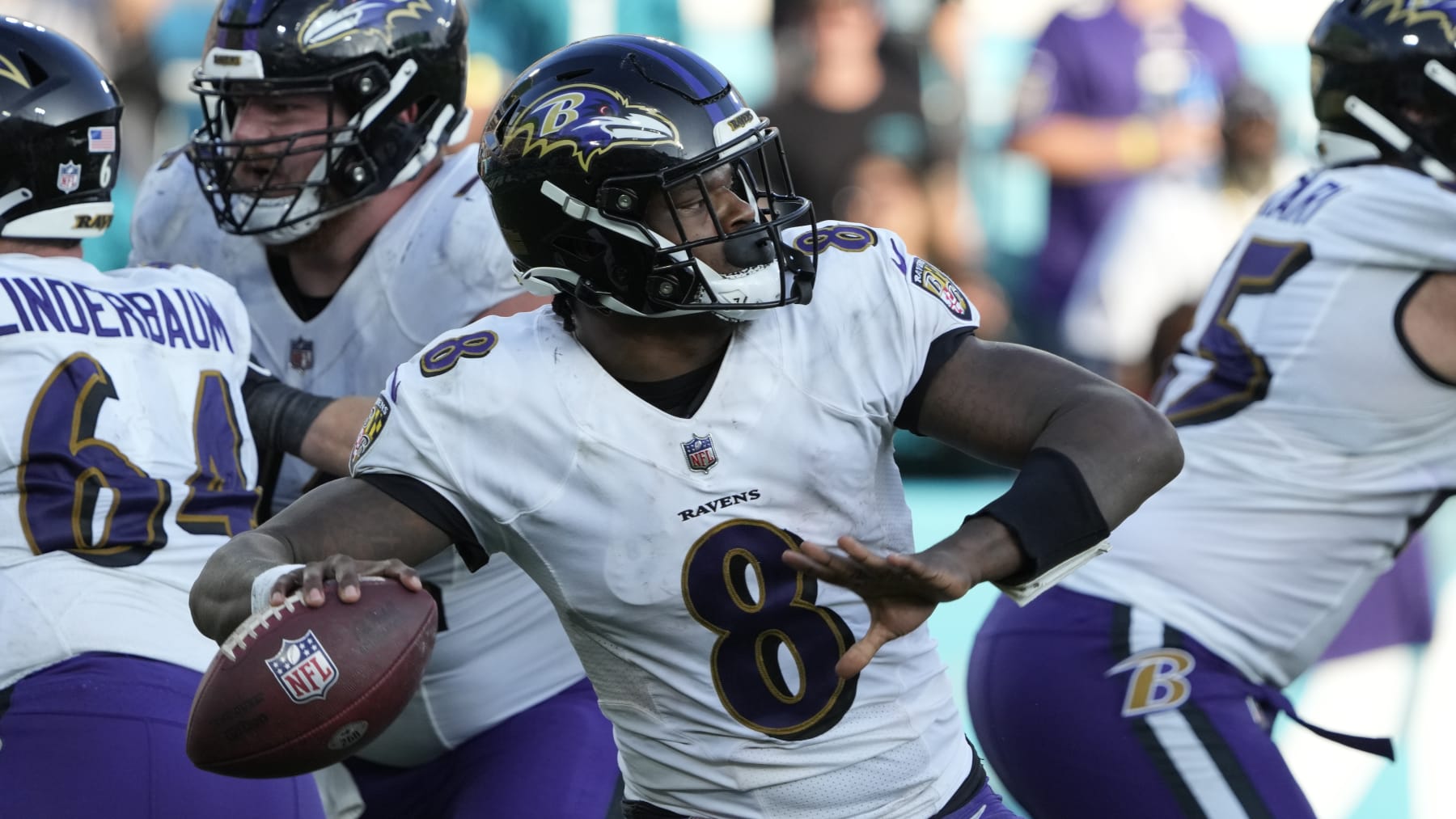 Baltimore Ravens quarterback Lamar Jackson (8) throws a pass against the Jacksonville Jaguars during the second half of an NFL football game, Sunday, Nov. 27, 2022, in Jacksonville, Fla. (AP Photo/John Raoux)
