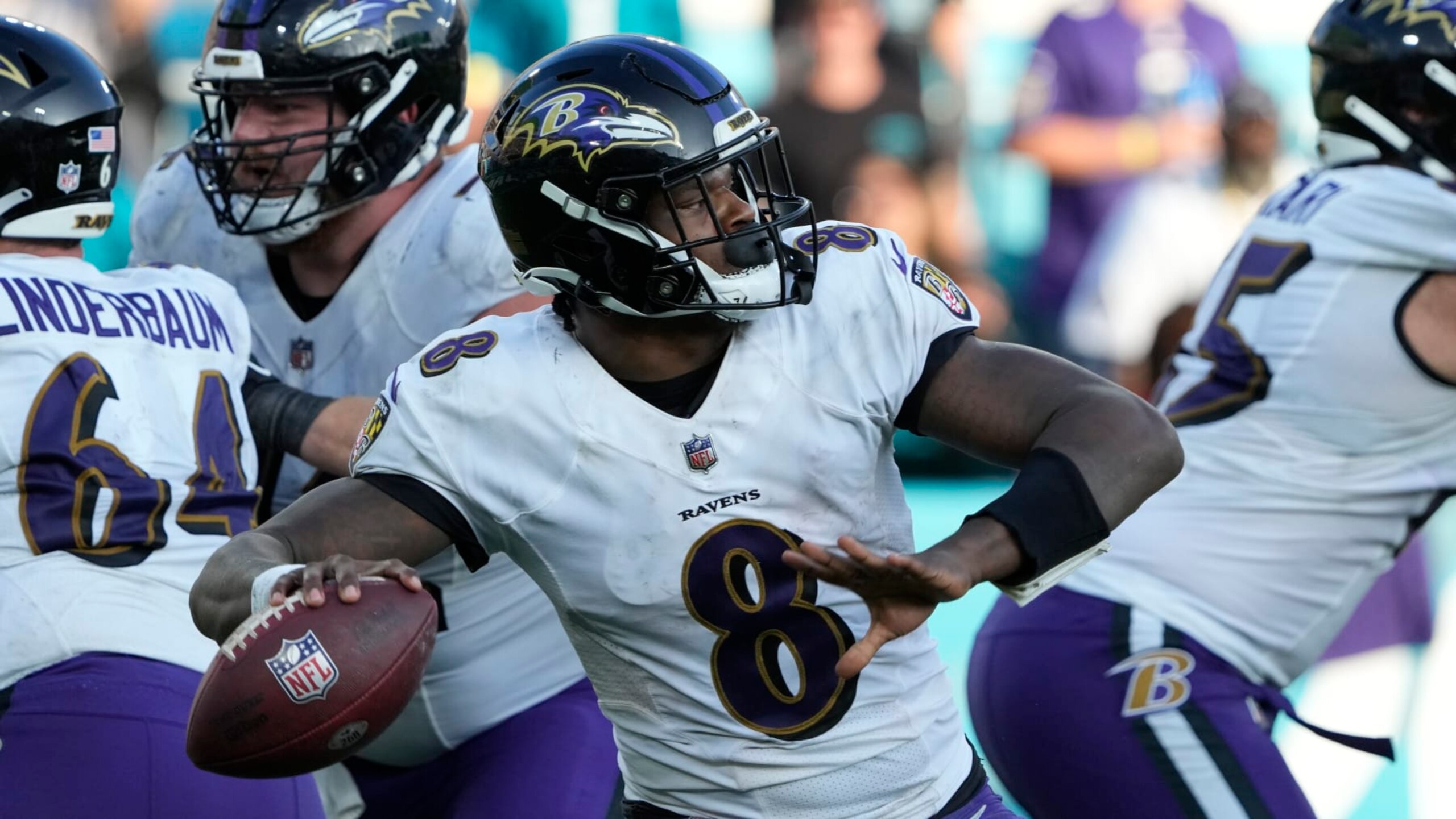 Baltimore Ravens quarterback Lamar Jackson (8) throws a pass against the Jacksonville Jaguars during the second half of an NFL football game, Sunday, Nov. 27, 2022, in Jacksonville, Fla. (AP Photo/John Raoux)
