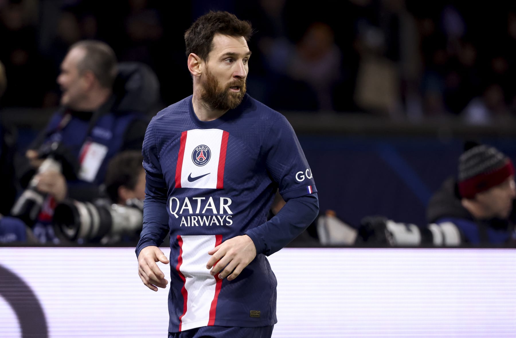PARIS, FRANCE - FEBRUARY 14: Lionel Messi of PSG during the UEFA Champions League round of 16 leg one match between Paris Saint-Germain (PSG) and FC Bayern Muenchen (Bayern Munich, Bayern München) at Parc des Princes stadium on February 14, 2023 in Paris, France. (Photo by Jean Catuffe/Getty Images)