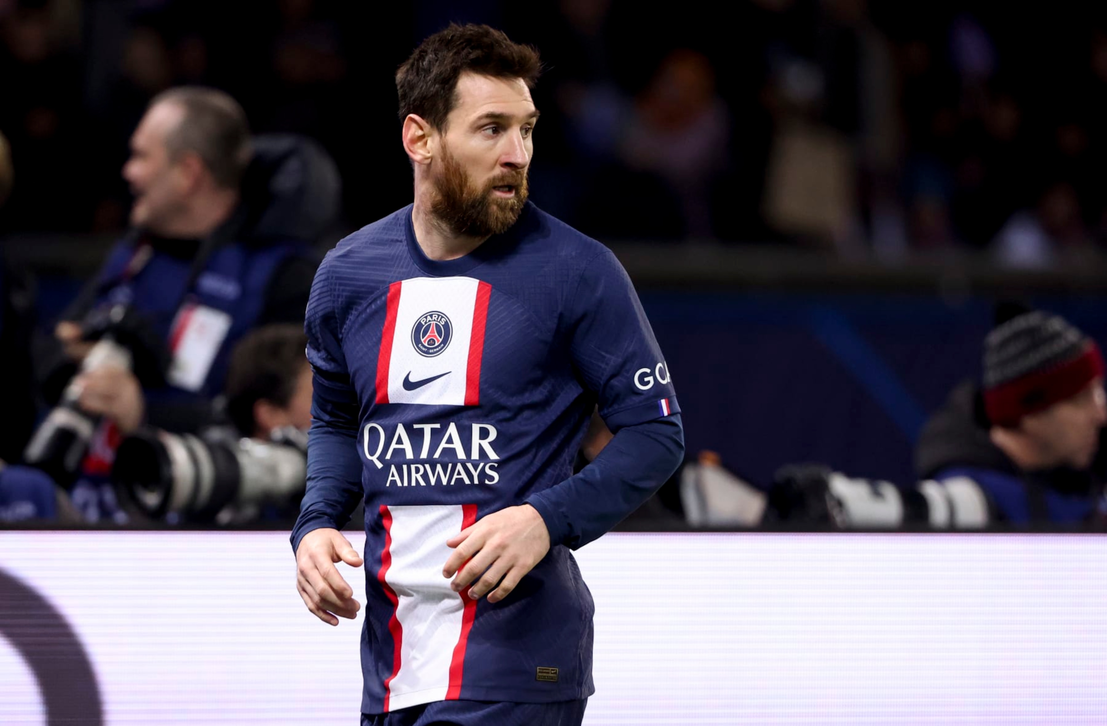 PARIS, FRANCE - FEBRUARY 14: Lionel Messi of PSG during the UEFA Champions League round of 16 leg one match between Paris Saint-Germain (PSG) and FC Bayern Muenchen (Bayern Munich, Bayern München) at Parc des Princes stadium on February 14, 2023 in Paris, France. (Photo by Jean Catuffe/Getty Images)