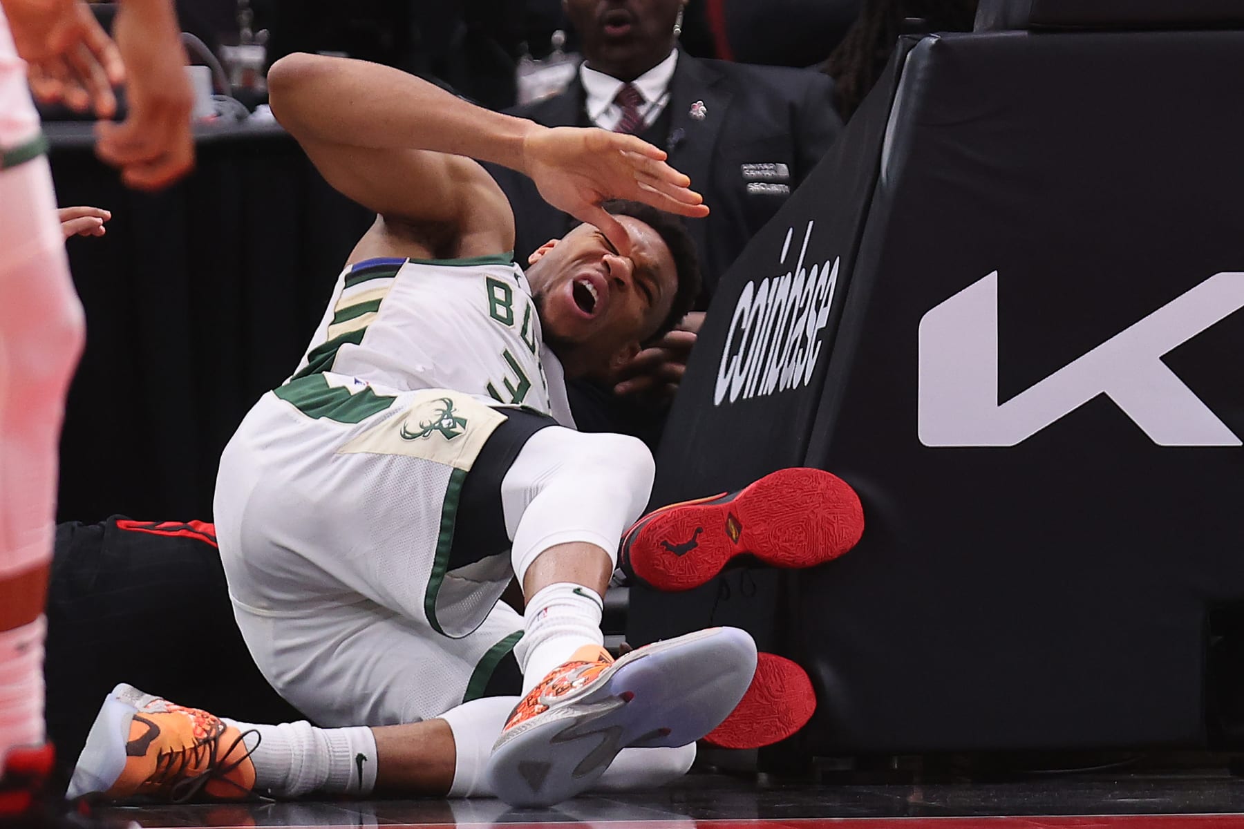 CHICAGO, ILLINOIS - FEBRUARY 16: Giannis Antetokounmpo #34 of the Milwaukee Bucks reacts after colliding with the stanchion  during the first half against the Chicago Bulls at United Center on February 16, 2023 in Chicago, Illinois. NOTE TO USER: User expressly acknowledges and agrees that, by downloading and or using this photograph, User is consenting to the terms and conditions of the Getty Images License Agreement.  (Photo by Michael Reaves/Getty Images)