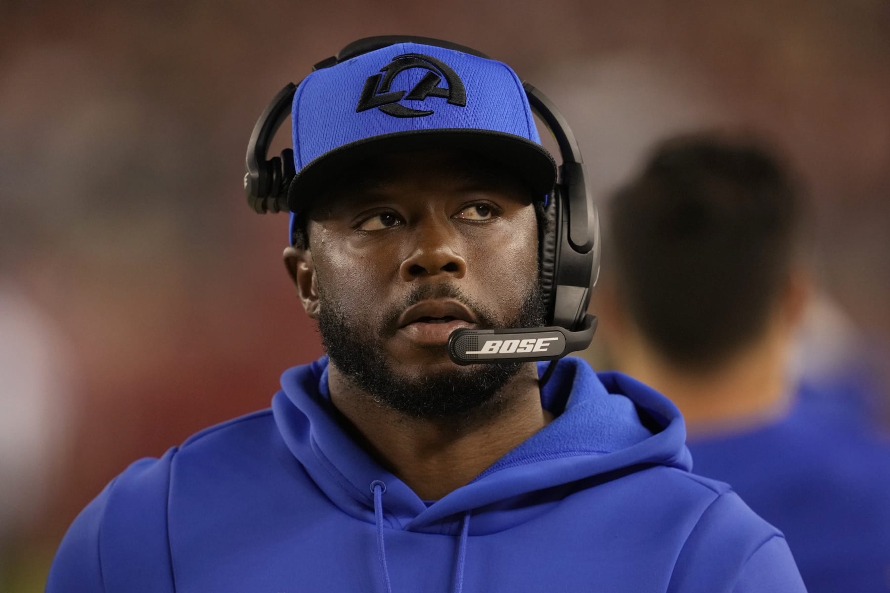 Los Angeles Rams running back coach Thomas Brown during an NFL football game against the San Francisco 49ers in Santa Clara, Calif., Monday, Nov. 15, 2021. (AP Photo/Tony Avelar)