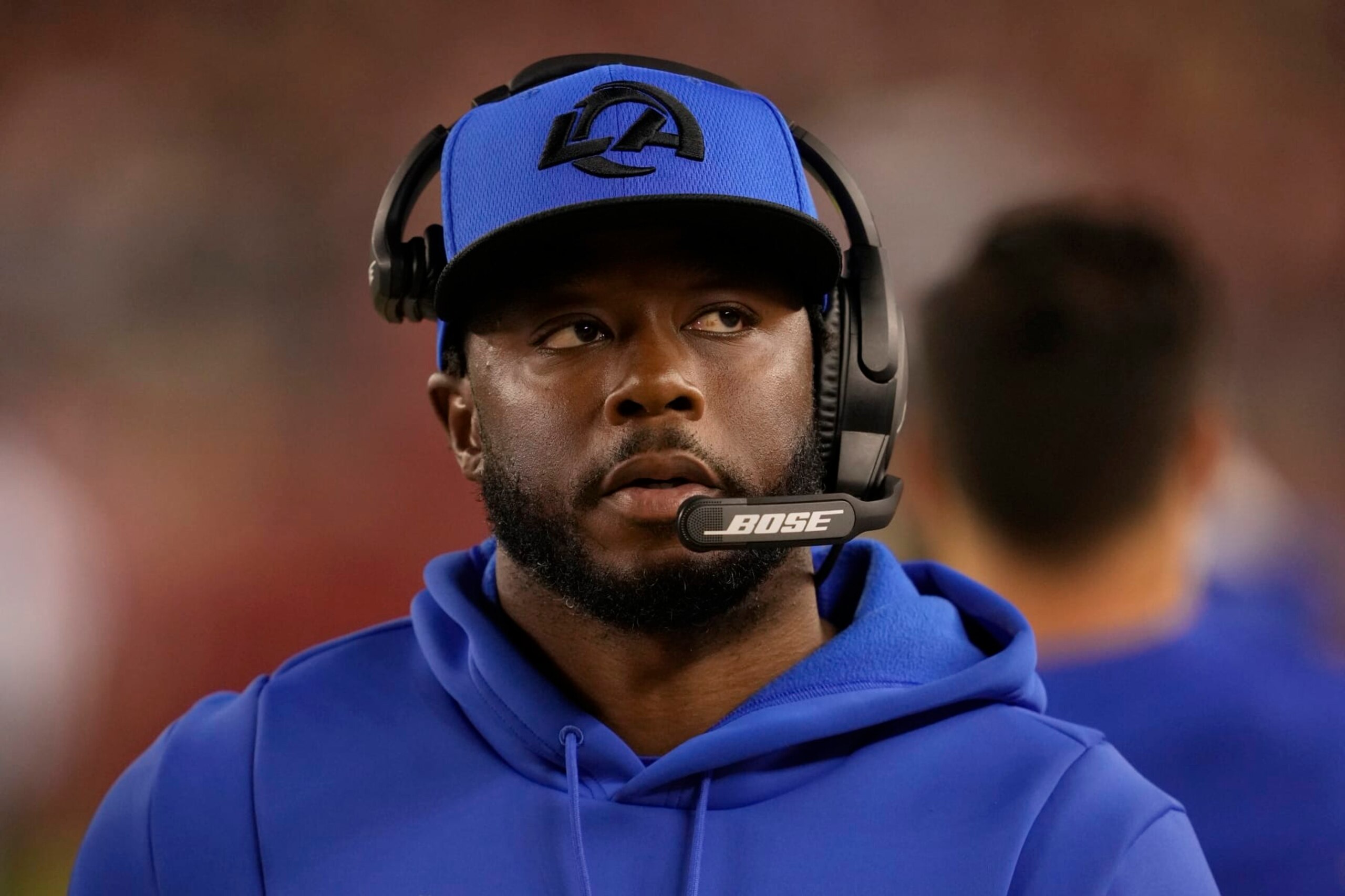 Los Angeles Rams running back coach Thomas Brown during an NFL football game against the San Francisco 49ers in Santa Clara, Calif., Monday, Nov. 15, 2021. (AP Photo/Tony Avelar)