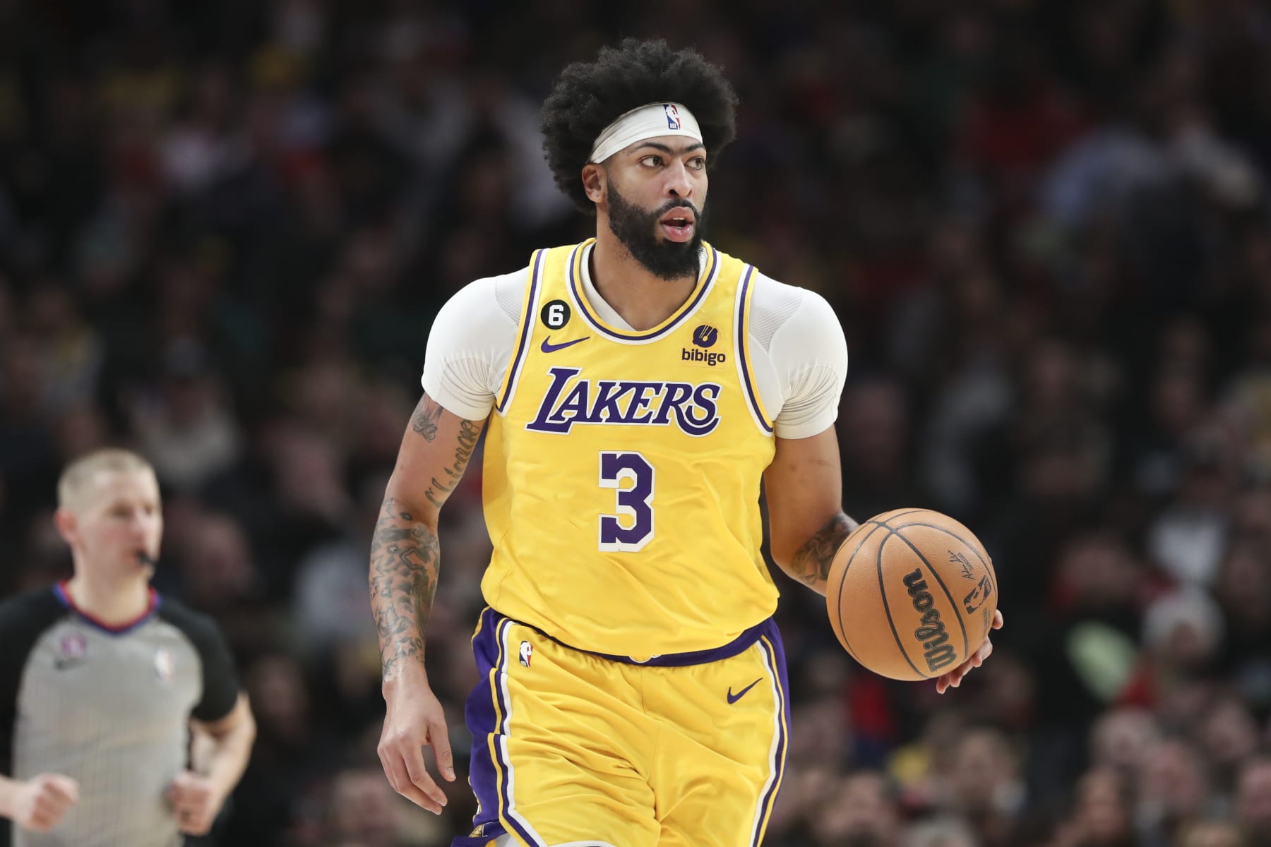 PORTLAND, OREGON - FEBRUARY 13: Anthony Davis #3 of the Los Angeles Lakers plays against the Portland Trail Blazers during the second quarter at Moda Center on February 13, 2023 in Portland, Oregon. NOTE TO USER: User expressly acknowledges and agrees that, by downloading and or using this photograph, user is consenting to the terms and conditions of the Getty Images License Agreement. (Photo by Amanda Loman/Getty Images)