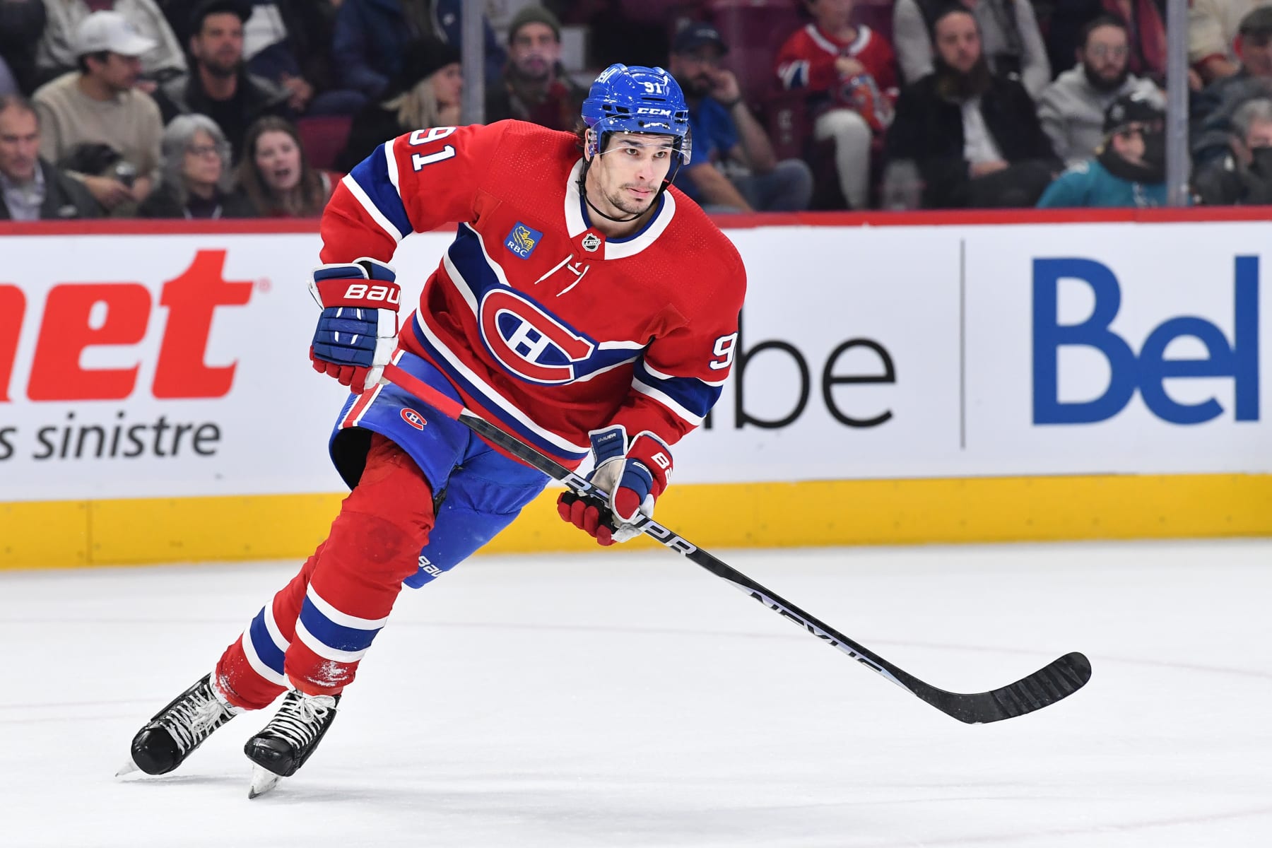 MONTREAL, CANADA - NOVEMBER 29: Sean Monahan #91 of the Montreal Canadiens skates against the San Jose Sharks during the first period in the NHL game at the Centre Bell on November 29, 2022 in Montreal, Quebec, Canada. (Photo by Francois Lacasse/NHLI via Getty Images)