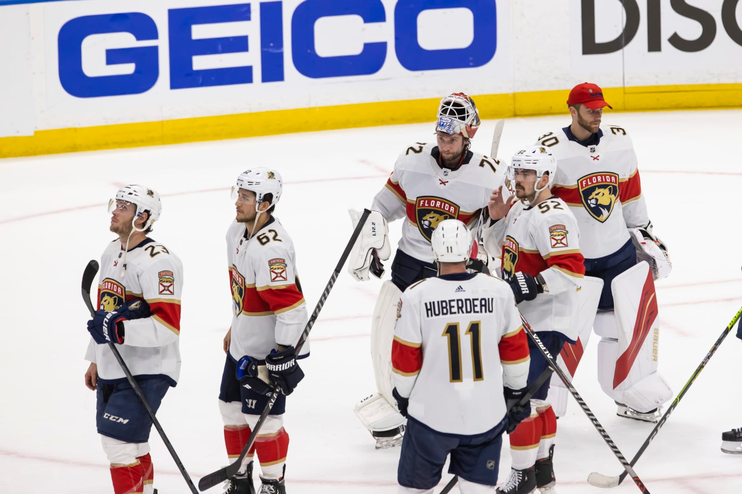 The Florida Panthers react following their elimination from the 2022 Stanley Cup playoffs.