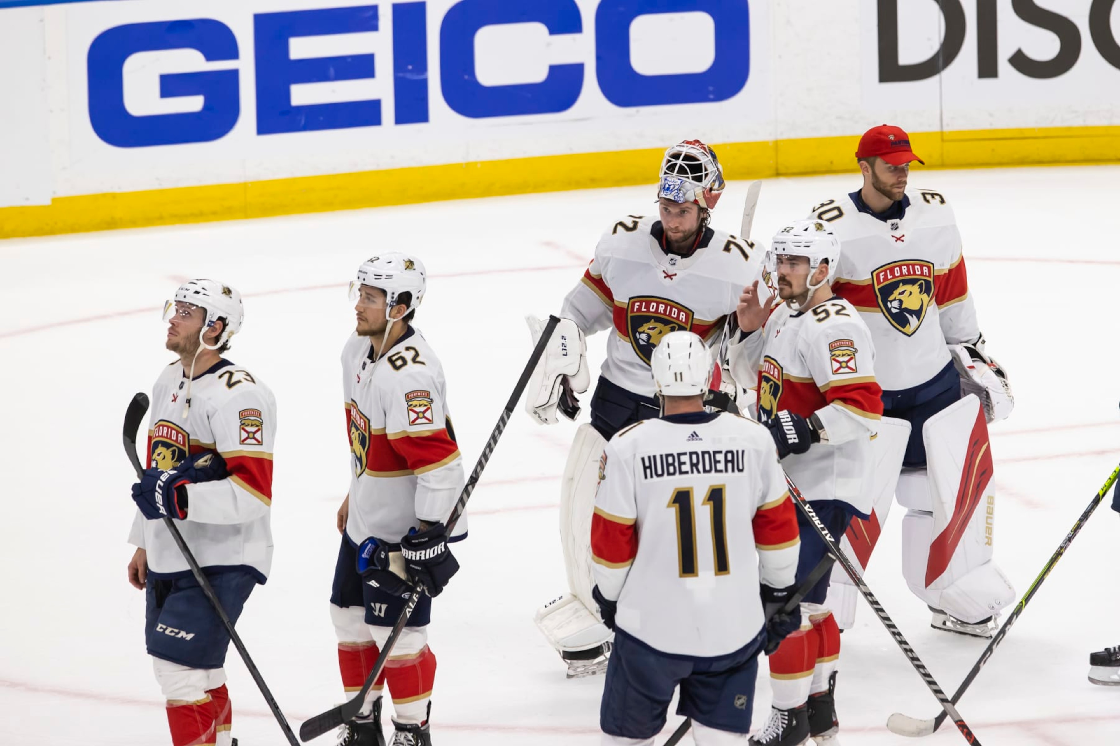 The Florida Panthers react following their elimination from the 2022 Stanley Cup playoffs.