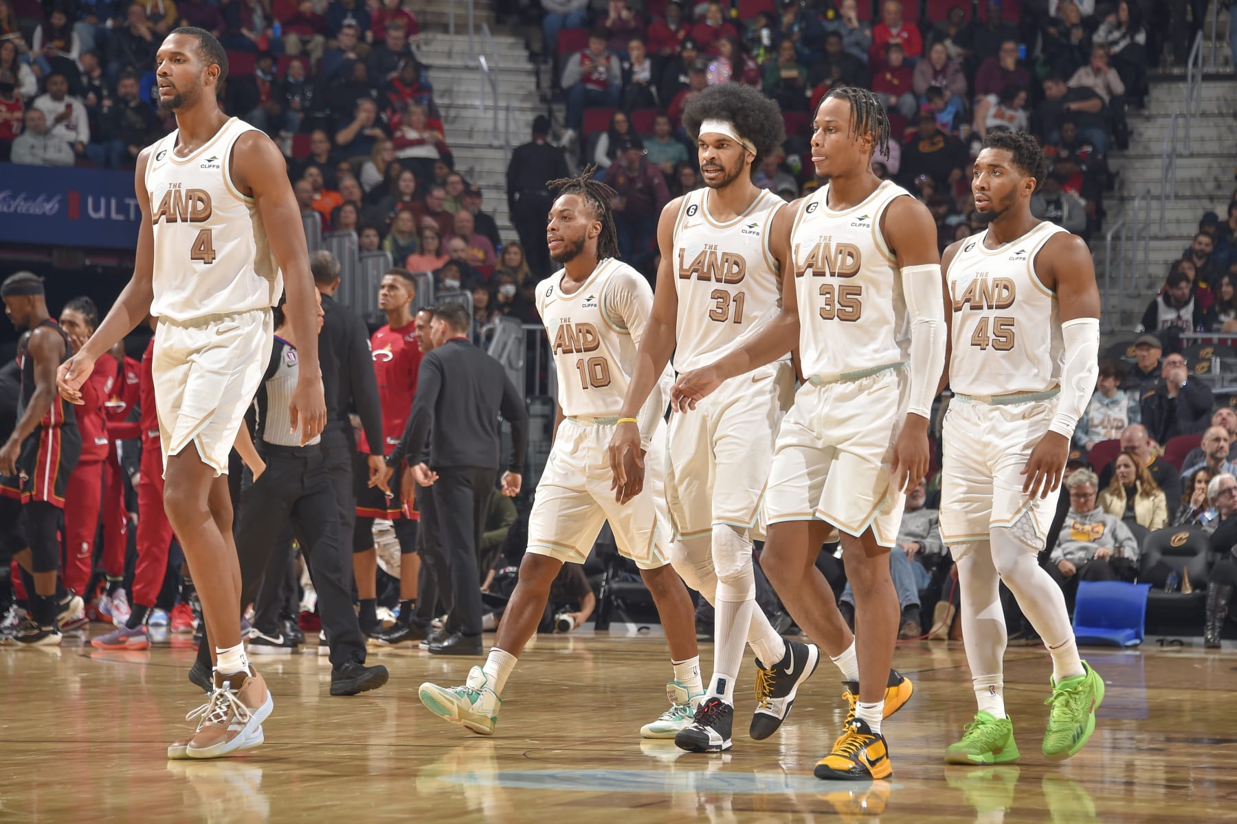 Evan Mobley, Darius Garland, Donovan Mitchell, Jarrett Allen and Isaac Okoro.