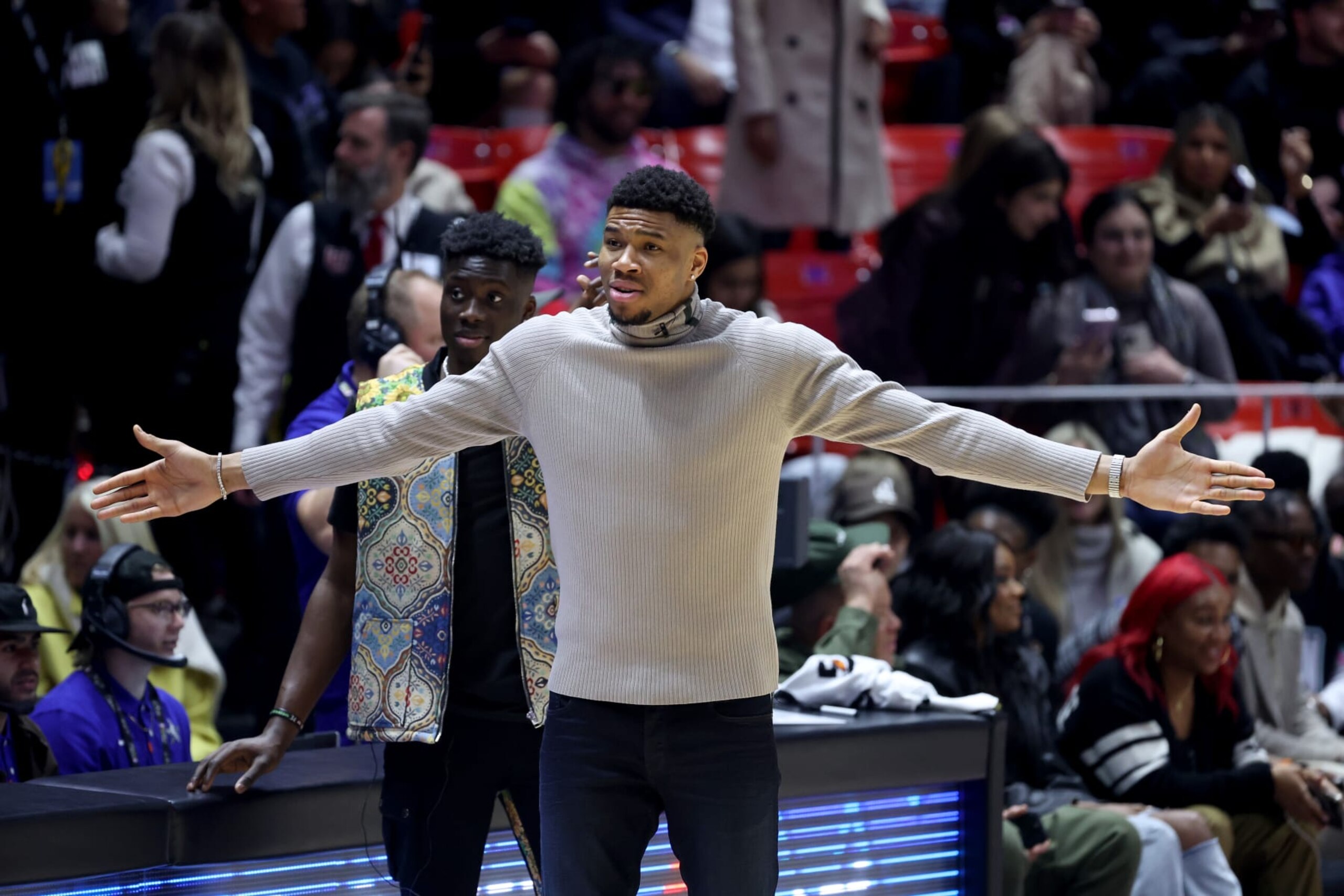 SALT LAKE CITY, UTAH - FEBRUARY 17: Coach Giannis Antetokounmpo of Team Dwayne reacts against Team Ryan during the third quarter in the 2023 NBA All Star Ruffles Celebrity Game at Vivint Arena on February 17, 2023 in Salt Lake City, Utah. NOTE TO USER: User expressly acknowledges and agrees that, by downloading and or using this photograph, User is consenting to the terms and conditions of the Getty Images License Agreement. (Photo by Tim Nwachukwu/Getty Images) SALT LAKE CITY, UTAH - FEBRUARY 17: Coach Giannis Antetokounmpo of Team Dwayne reacts against Team Ryan during the third quarter in the 2023 NBA All Star Ruffles Celebrity Game at Vivint Arena on February 17, 2023 in Salt Lake City, Utah. NOTE TO USER: User expressly acknowledges and agrees that, by downloading and or using this photograph, User is consenting to the terms and conditions of the Getty Images License Agreement. (Photo by Tim Nwachukwu/Getty Images)