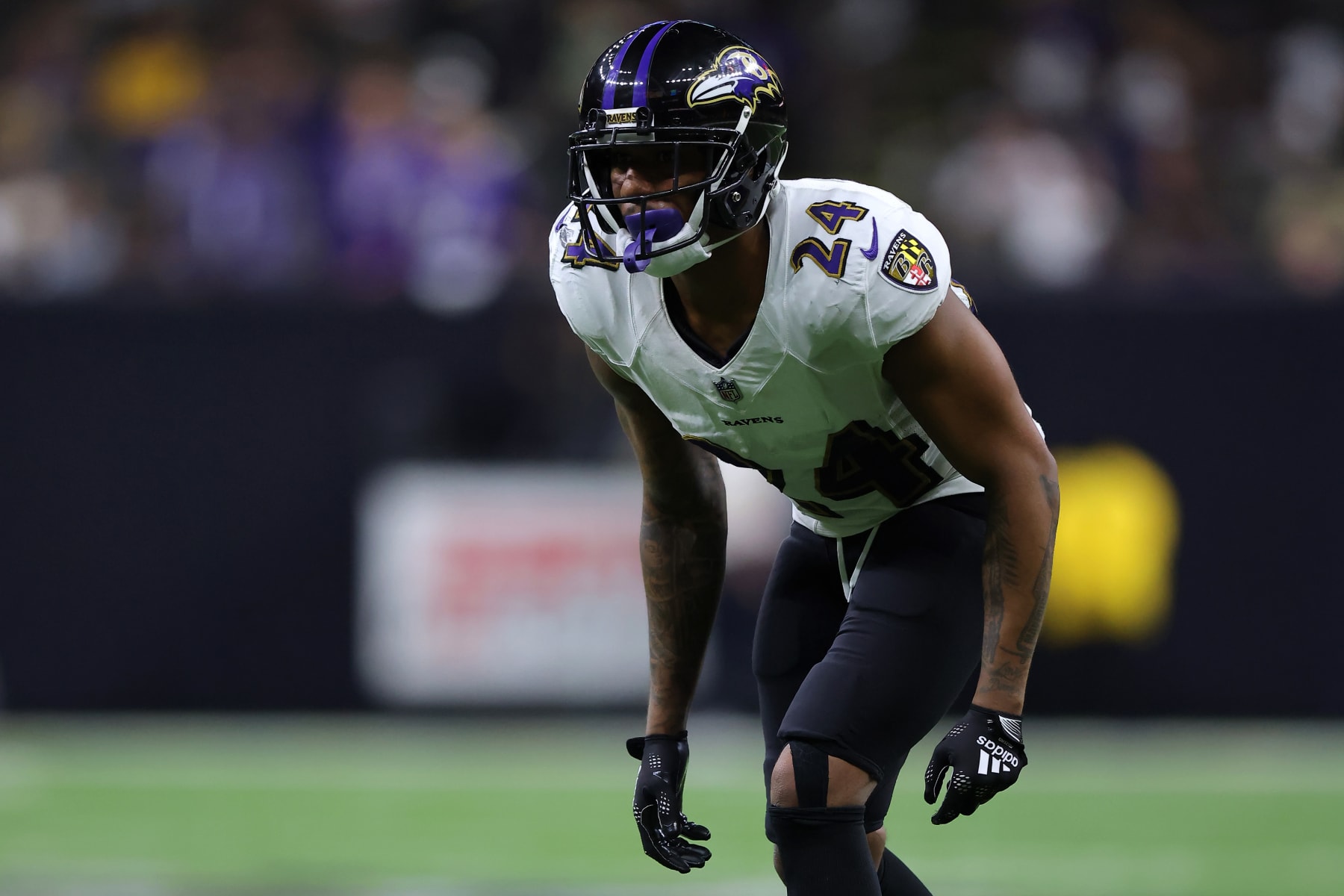 NEW ORLEANS, LOUISIANA - NOVEMBER 07: Marcus Peters #24 of the Baltimore Ravens in action against the New Orleans Saints during a game at the Caesars Superdome on November 07, 2022 in New Orleans, Louisiana. (Photo by Jonathan Bachman/Getty Images)