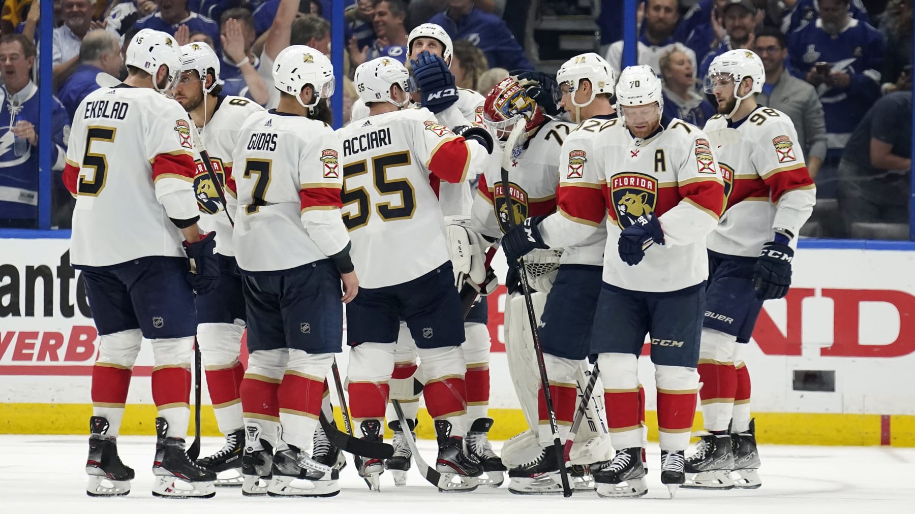 The Florida Panthers console goaltender Sergei Bobrovsky following their elimination from the 2022 playoffs. 