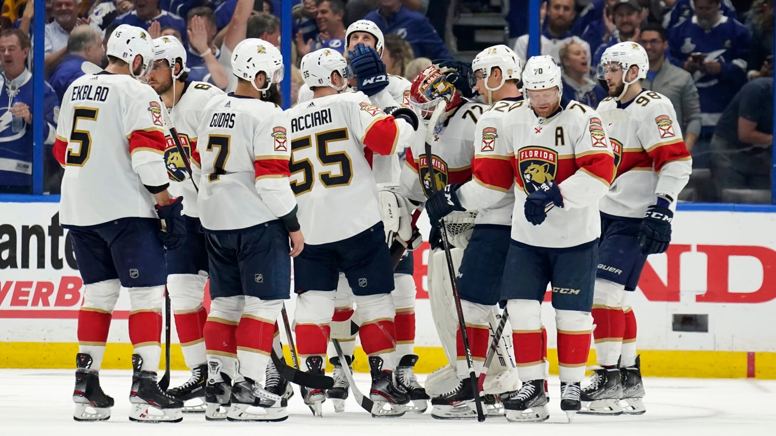The Florida Panthers console goaltender Sergei Bobrovsky following their elimination from the 2022 playoffs. 