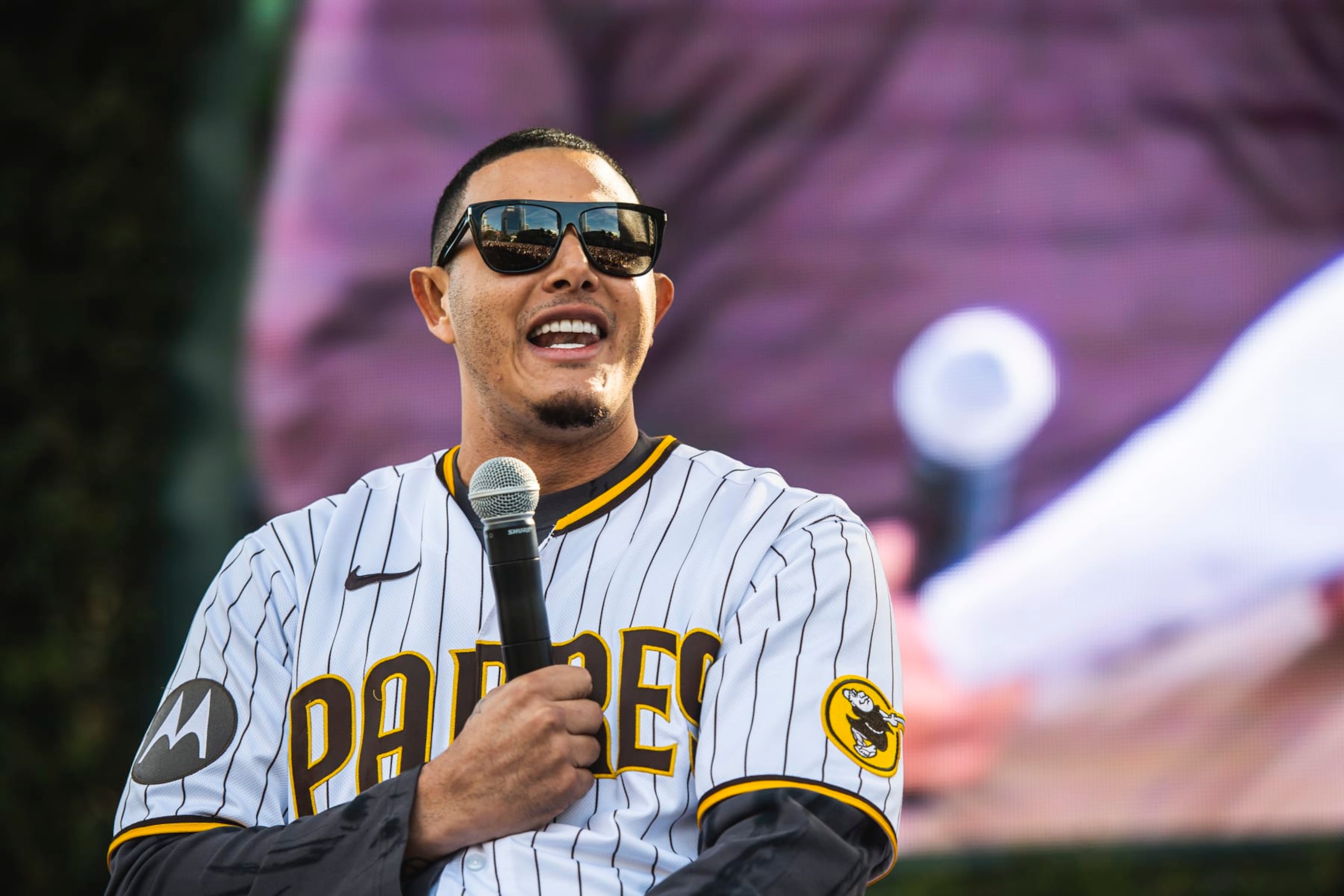 SAN DIEGO, CA - FEBRUARY 04: Manny Machado #13 of the San Diego Padres speaks to the crowd during the San Diego Padres Fan Fest at PETCO Park on February 4, 2023 in San Diego, California. (Photo by Matt Thomas/San Diego Padres/Getty Images)