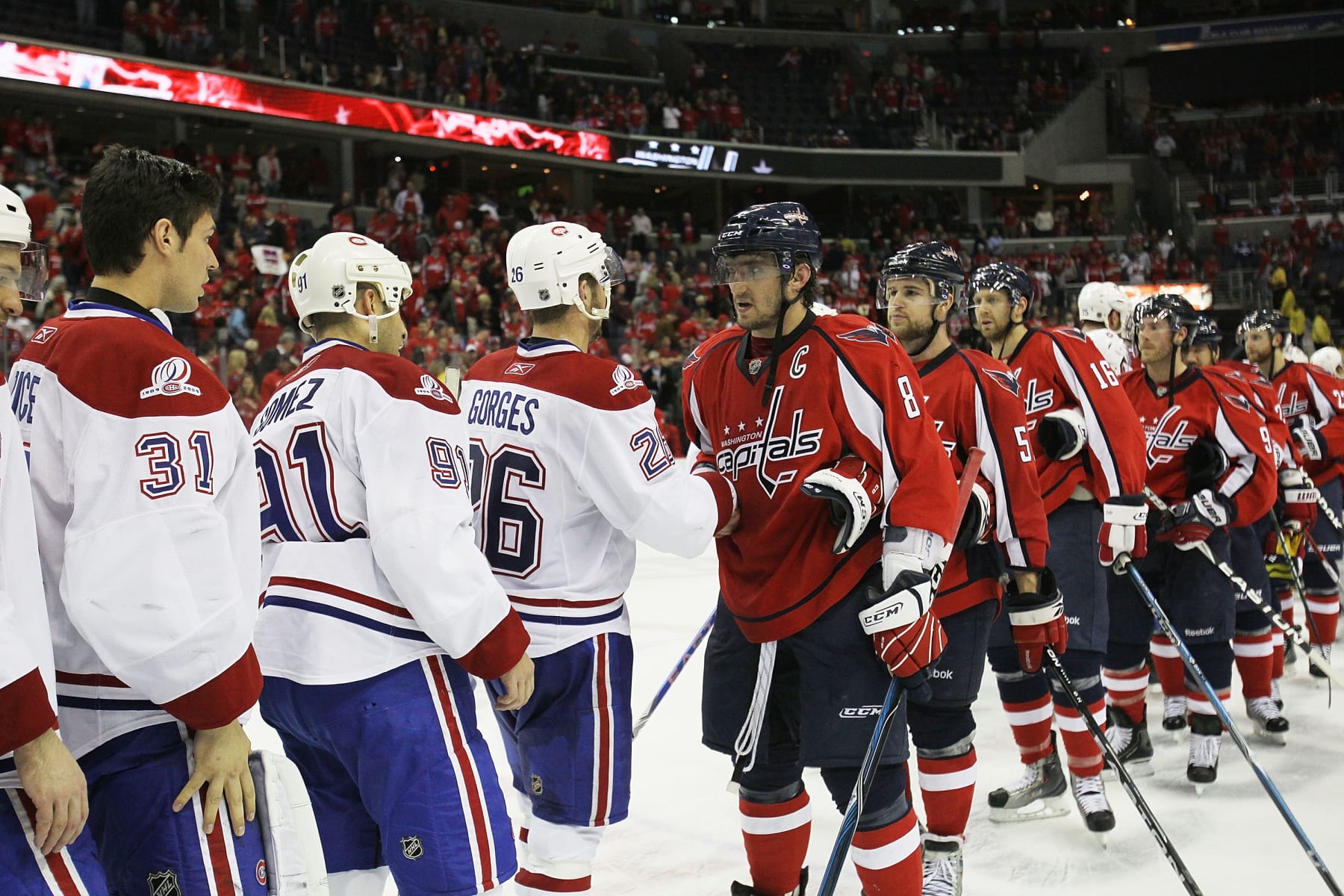 The Washington Capitals congratulate the Montreal Canadiens following the end of their 2010 playoff series. 