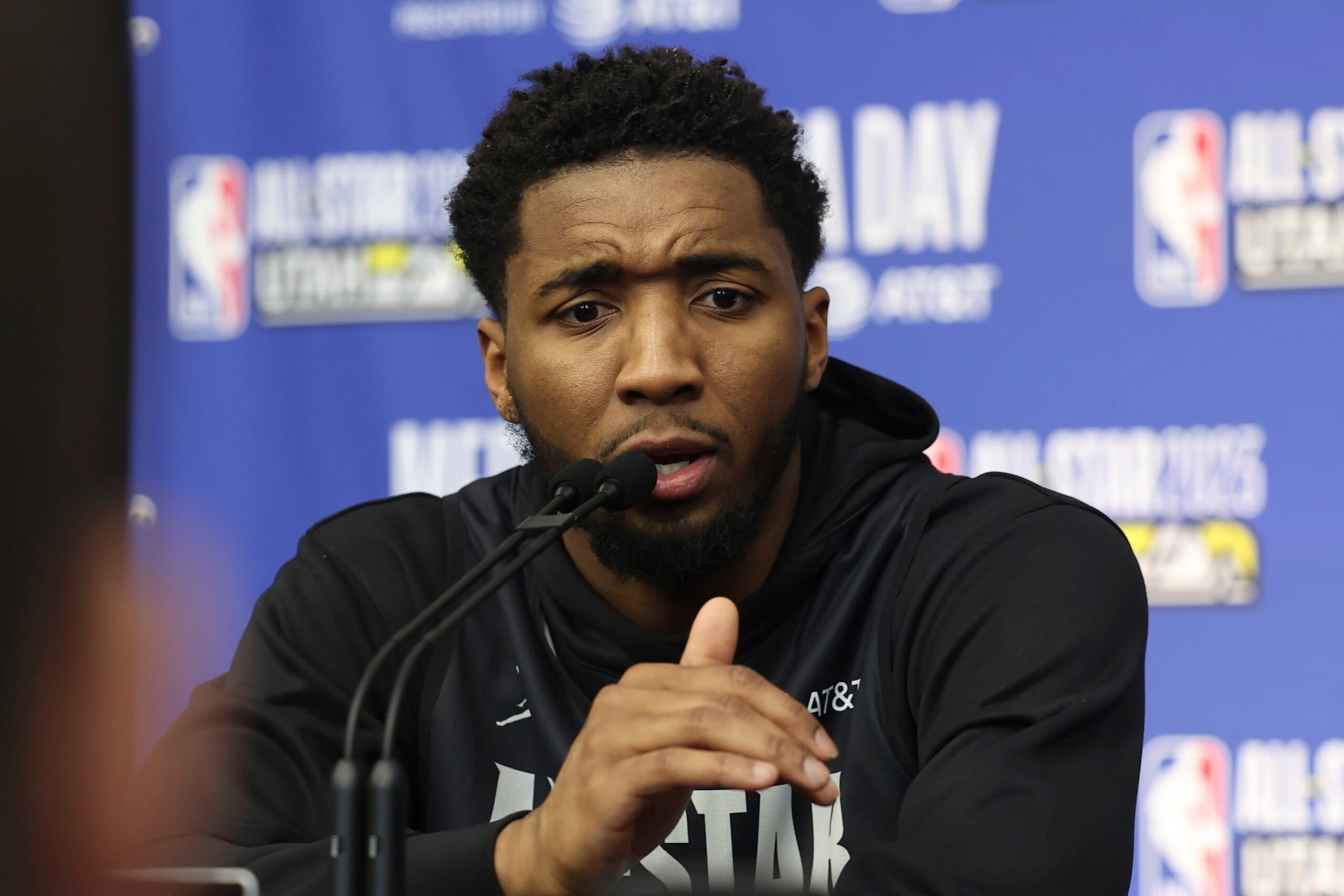 Cleveland Cavaliers' Donovan Mitchell addresses the media during the NBA All-Star Media Day Saturday, Feb. 18, 2023, in Salt Lake City. (AP Photo/Rob Gray)