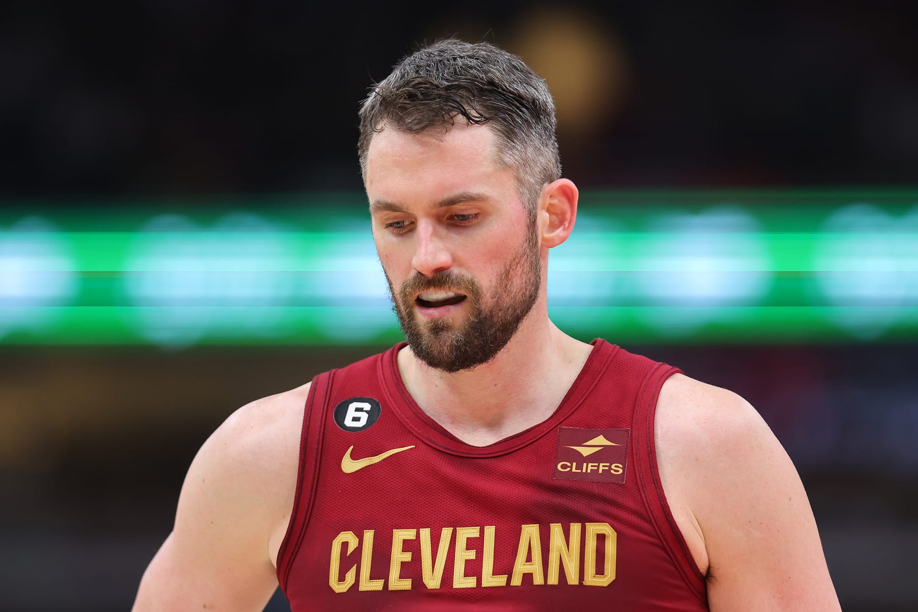 CHICAGO, ILLINOIS - DECEMBER 31: Kevin Love #0 of the Cleveland Cavaliers looks on against the Chicago Bulls during the second half at United Center on December 31, 2022 in Chicago, Illinois. NOTE TO USER: User expressly acknowledges and agrees that, by downloading and or using this photograph, User is consenting to the terms and conditions of the Getty Images License Agreement. (Photo by Michael Reaves/Getty Images)