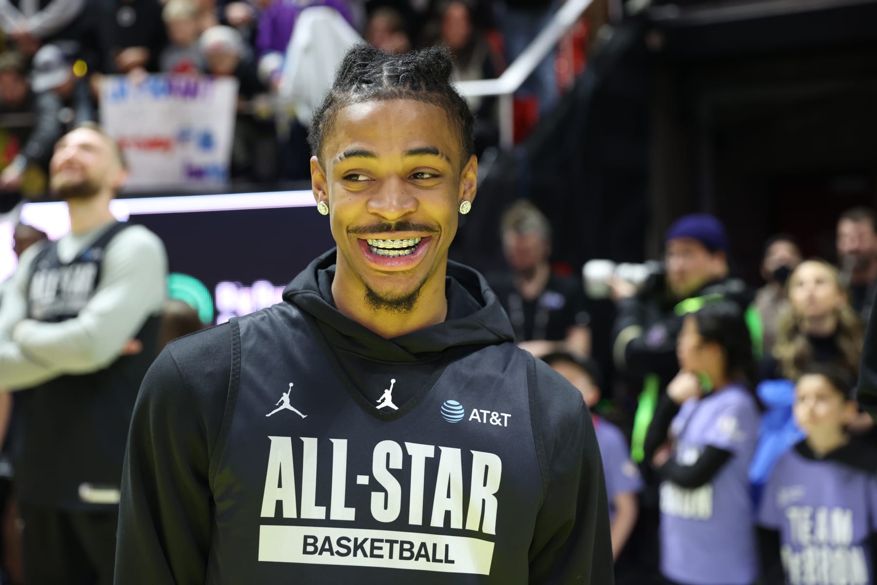 SALT LAKE CITY, UT - FEBRUARY 18: Ja Morant #12 of the Memphis Grizzlies smiles during NBA All-Star Practice presented by AT&T as part of 2023 NBA All Star Weekend on Saturday, February 18, 2023 at the Jon M. Huntsman Center in Salt Lake City, Utah. NOTE TO USER: User expressly acknowledges and agrees that, by downloading and/or using this Photograph, user is consenting to the terms and conditions of the Getty Images License Agreement. Mandatory Copyright Notice: Copyright 2023 NBAE (Photo by Ned Dishman/NBAE via Getty Images)