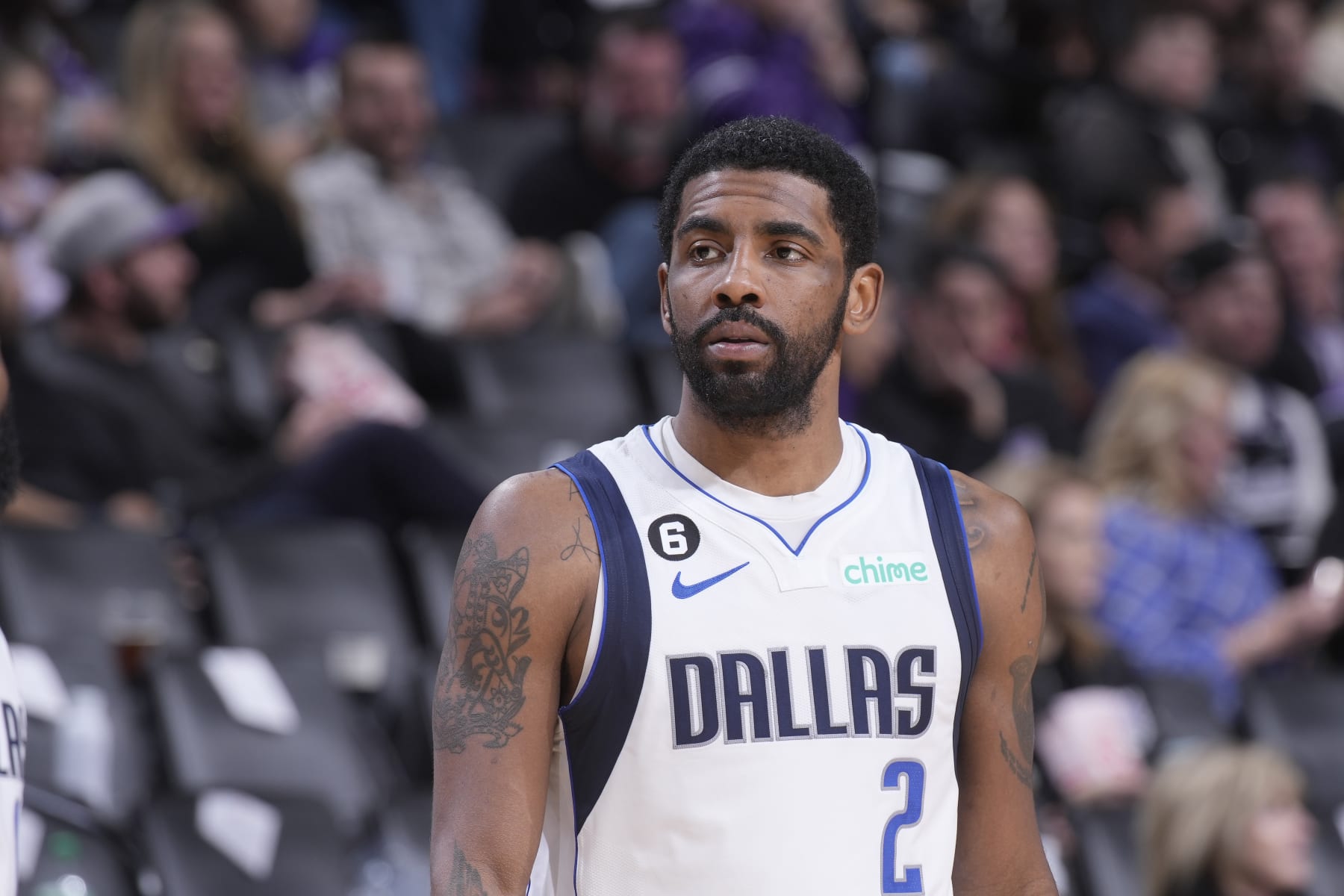 SACRAMENTO, CA - FEBRUARY 10: Kyrie Irving #2 of the Dallas Mavericks looks on during the game against the Sacramento Kings on February 10, 2023 at Golden 1 Center in Sacramento, California. NOTE TO USER: User expressly acknowledges and agrees that, by downloading and or using this photograph, User is consenting to the terms and conditions of the Getty Images Agreement. Mandatory Copyright Notice: Copyright 2023 NBAE (Photo by Rocky Widner/NBAE via Getty Images) SACRAMENTO, CA - FEBRUARY 10: Kyrie Irving #2 of the Dallas Mavericks looks on during the game against the Sacramento Kings on February 10, 2023 at Golden 1 Center in Sacramento, California. NOTE TO USER: User expressly acknowledges and agrees that, by downloading and or using this photograph, User is consenting to the terms and conditions of the Getty Images Agreement. Mandatory Copyright Notice: Copyright 2023 NBAE (Photo by Rocky Widner/NBAE via Getty Images)