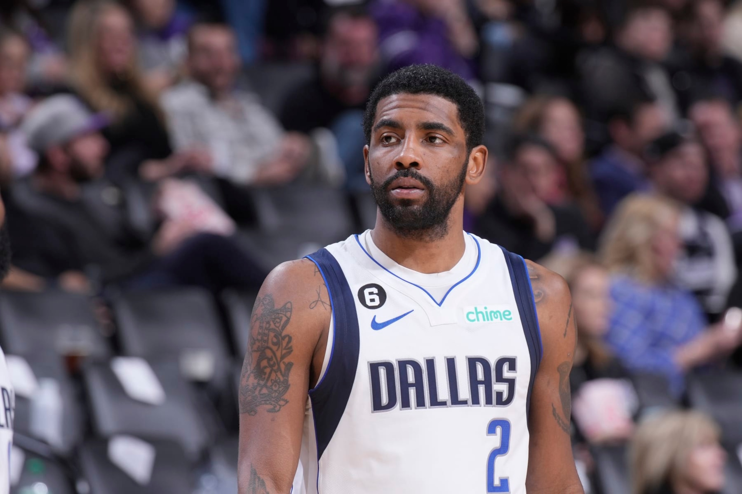 SACRAMENTO, CA - FEBRUARY 10: Kyrie Irving #2 of the Dallas Mavericks looks on during the game against the Sacramento Kings on February 10, 2023 at Golden 1 Center in Sacramento, California. NOTE TO USER: User expressly acknowledges and agrees that, by downloading and or using this photograph, User is consenting to the terms and conditions of the Getty Images Agreement. Mandatory Copyright Notice: Copyright 2023 NBAE (Photo by Rocky Widner/NBAE via Getty Images) SACRAMENTO, CA - FEBRUARY 10: Kyrie Irving #2 of the Dallas Mavericks looks on during the game against the Sacramento Kings on February 10, 2023 at Golden 1 Center in Sacramento, California. NOTE TO USER: User expressly acknowledges and agrees that, by downloading and or using this photograph, User is consenting to the terms and conditions of the Getty Images Agreement. Mandatory Copyright Notice: Copyright 2023 NBAE (Photo by Rocky Widner/NBAE via Getty Images)