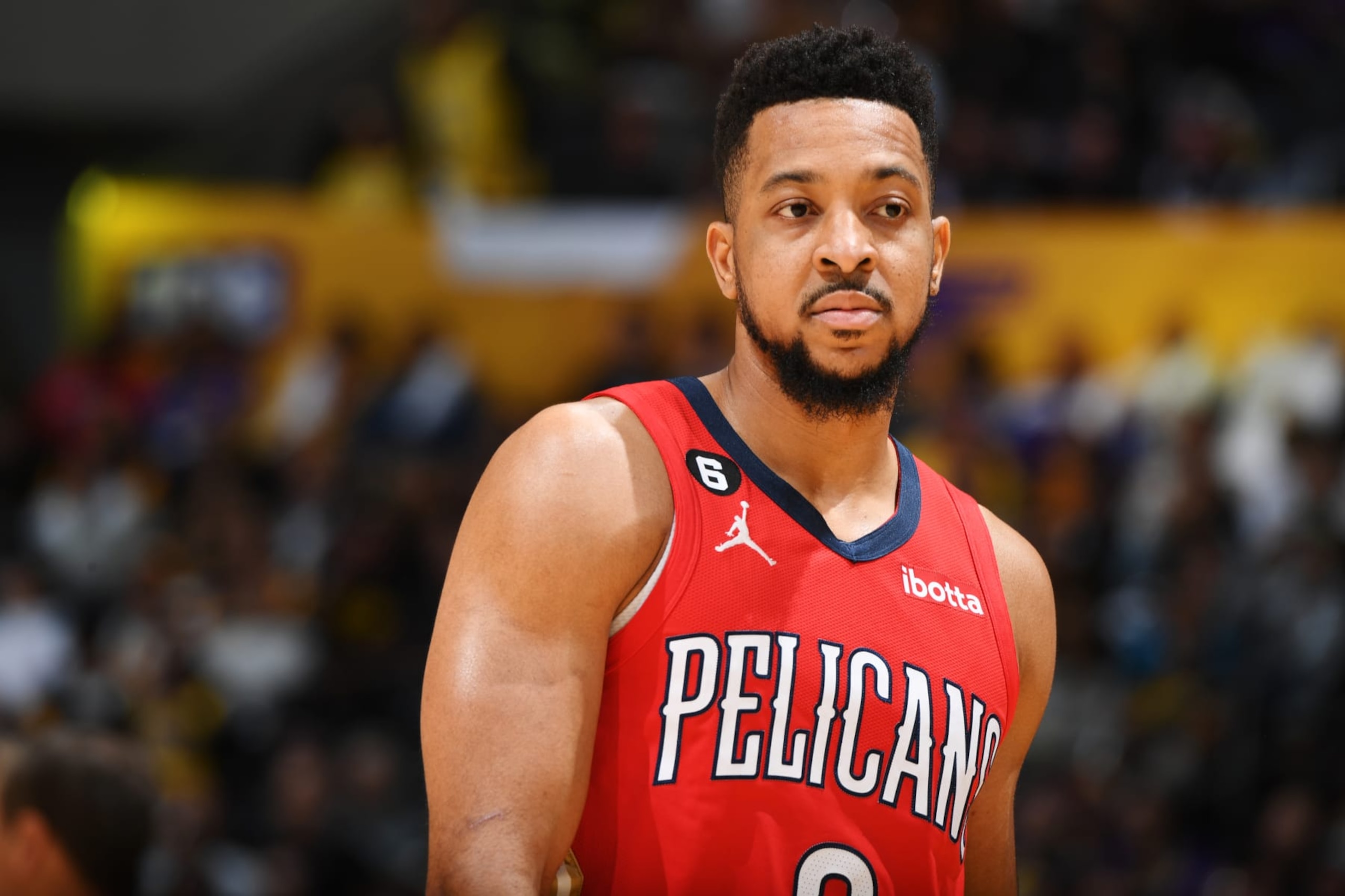 LOS ANGELES, CA - FEBRUARY 15: CJ McCollum #3 of the New Orleans Pelicans looks on during the game against the Los Angeles Lakers on February 15, 2023 at Crypto.Com Arena in Los Angeles, California. NOTE TO USER: User expressly acknowledges and agrees that, by downloading and/or using this Photograph, user is consenting to the terms and conditions of the Getty Images License Agreement. Mandatory Copyright Notice: Copyright 2023 NBAE (Photo by Andrew D. Bernstein/NBAE via Getty Images)