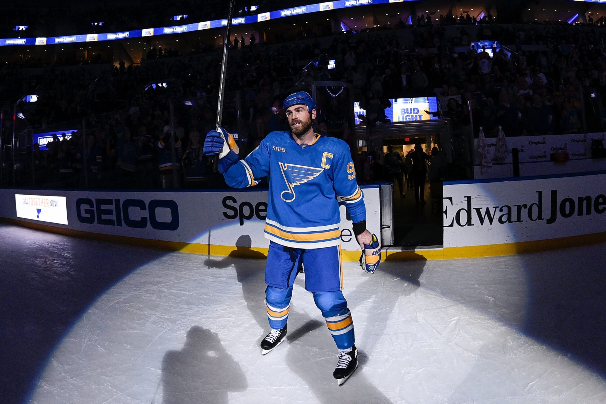 ST. LOUIS, MO - FEBRUARY 11: Ryan O'Reilly #90 of the St. Louis Blues acknowledges the crowd after the game against the Arizona Coyotes at the Enterprise Center on February 11, 2023 in St. Louis, Missouri. (Photo by Scott RovakNHLI via Getty Images)