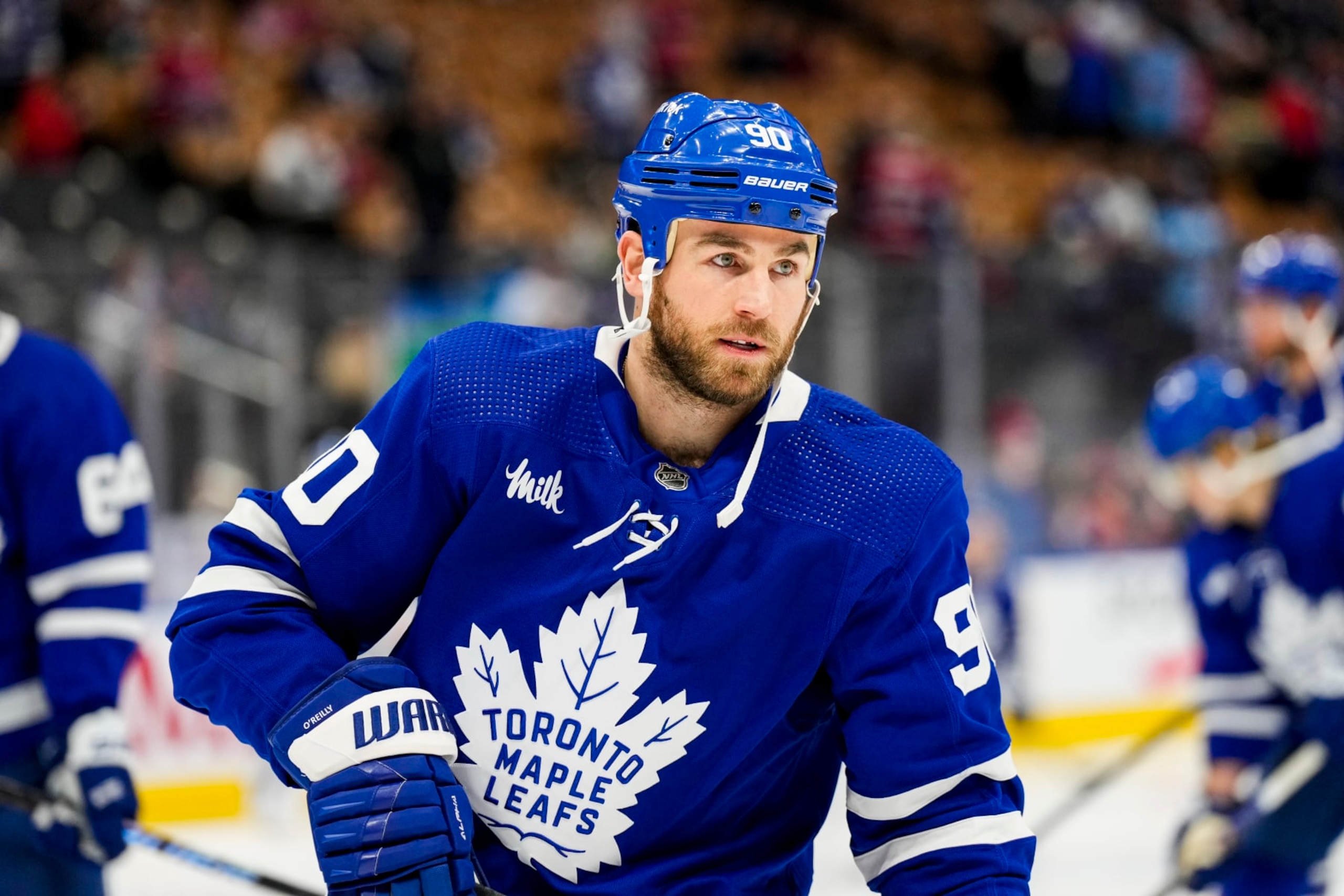 TORONTO, ON - FEBRUARY 18: Ryan OReilly #90 of the Toronto Maple Leafs warms up before facing the Montreal Canadiens at the Scotiabank Arena on February 18, 2023 in Toronto, Ontario, Canada. (Photo by Kevin Sousa/NHLI via Getty Images)