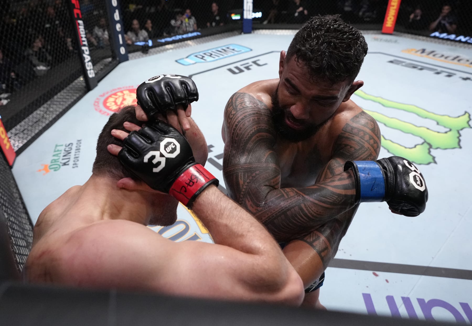 LAS VEGAS, NEVADA - FEBRUARY 18: (R-L) Zac Pauga battles Jordan Wright in a light heavyweight fight during the UFC Fight Night event at UFC APEX on February 18, 2023 in Las Vegas, Nevada. (Photo by Jeff Bottari/Zuffa LLC via Getty Images)