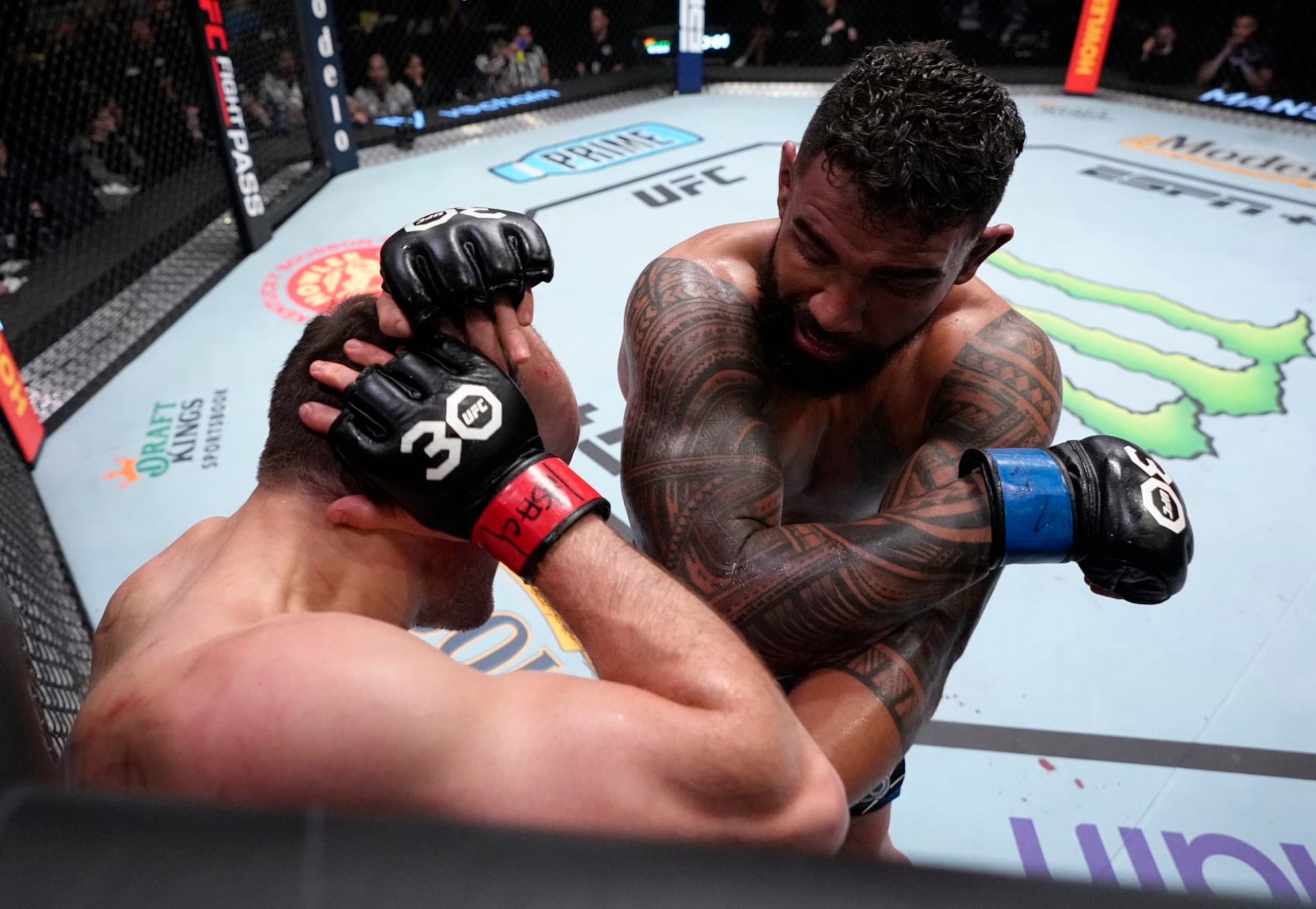 LAS VEGAS, NEVADA - FEBRUARY 18: (R-L) Zac Pauga battles Jordan Wright in a light heavyweight fight during the UFC Fight Night event at UFC APEX on February 18, 2023 in Las Vegas, Nevada. (Photo by Jeff Bottari/Zuffa LLC via Getty Images)