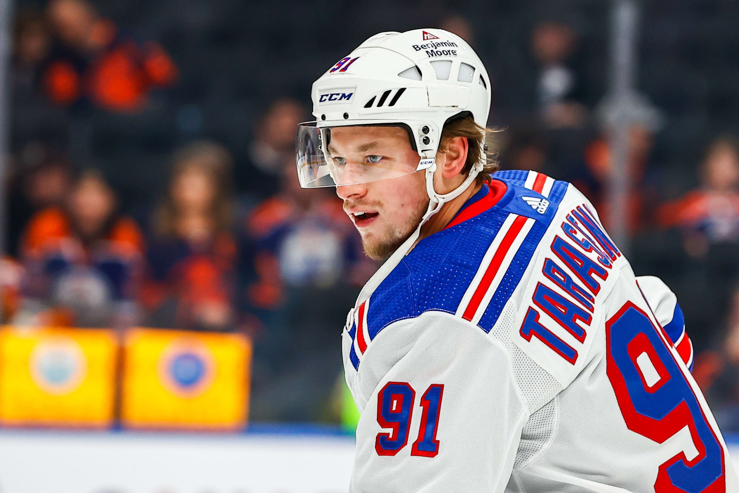 EDMONTON, AB - FEBRUARY 14: New York Rangers Right Wing Vladimir Tarasenko (91) takes a lap in warm up of the Edmonton Oilers game versus the New York Rangers on February 17, 2023 at Rogers Place in Edmonton, AB. (Photo by Curtis Comeau/Icon Sportswire via Getty Images)