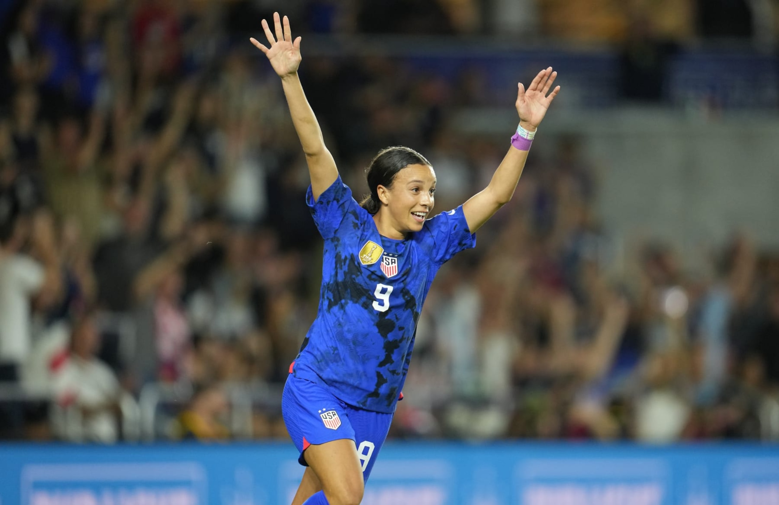 ORLANDO, FL - FEBRUARY 16: Mallory Swanson #9 of the United States celebrates her goal during the SheBelieves Cup game between Canada and USWNT at Exploria Stadium on February 16, 2023 in Orlando, Florida. (Photo by Brad Smith/ISI Photos/Getty Images)