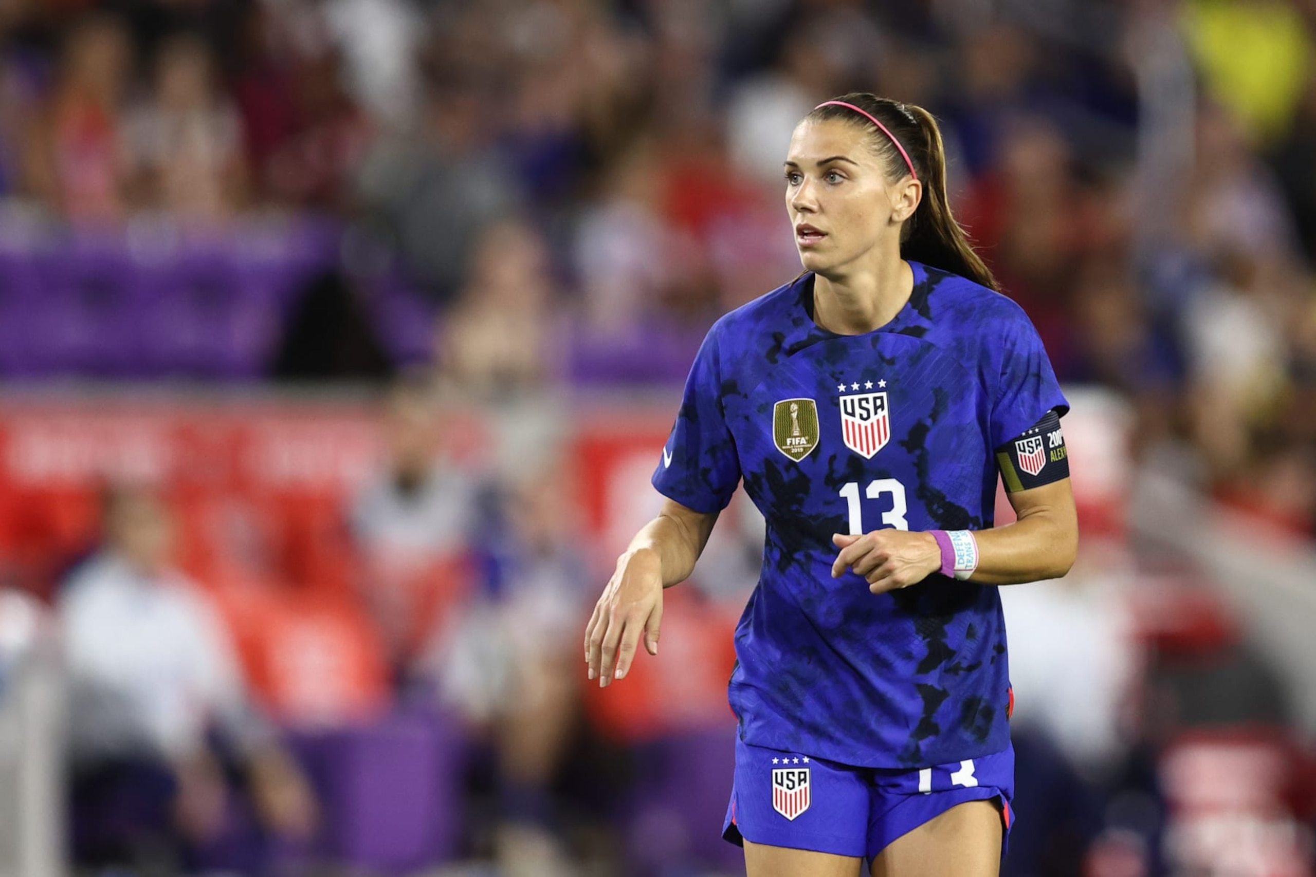 ORLANDO, FL - FEBRUARY 16: Alex Morgan of United States of America during the 2023 SheBelieves Cup match between Canada and United States at Exploria Stadium on February 16, 2023 in Orlando, Florida. (Photo by James Williamson - AMA/Getty Images)