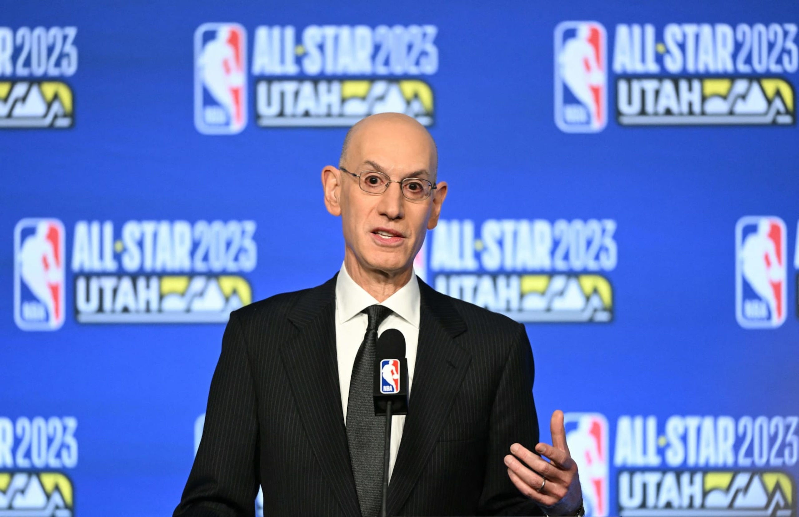 Commissioner of the NBA (National Basketball Association) Adam Silver speaks during a press conference in Salt Lake City, Utah, on February 18, 2023. (Photo by Patrick T. Fallon / AFP) (Photo by PATRICK T. FALLON/AFP via Getty Images)