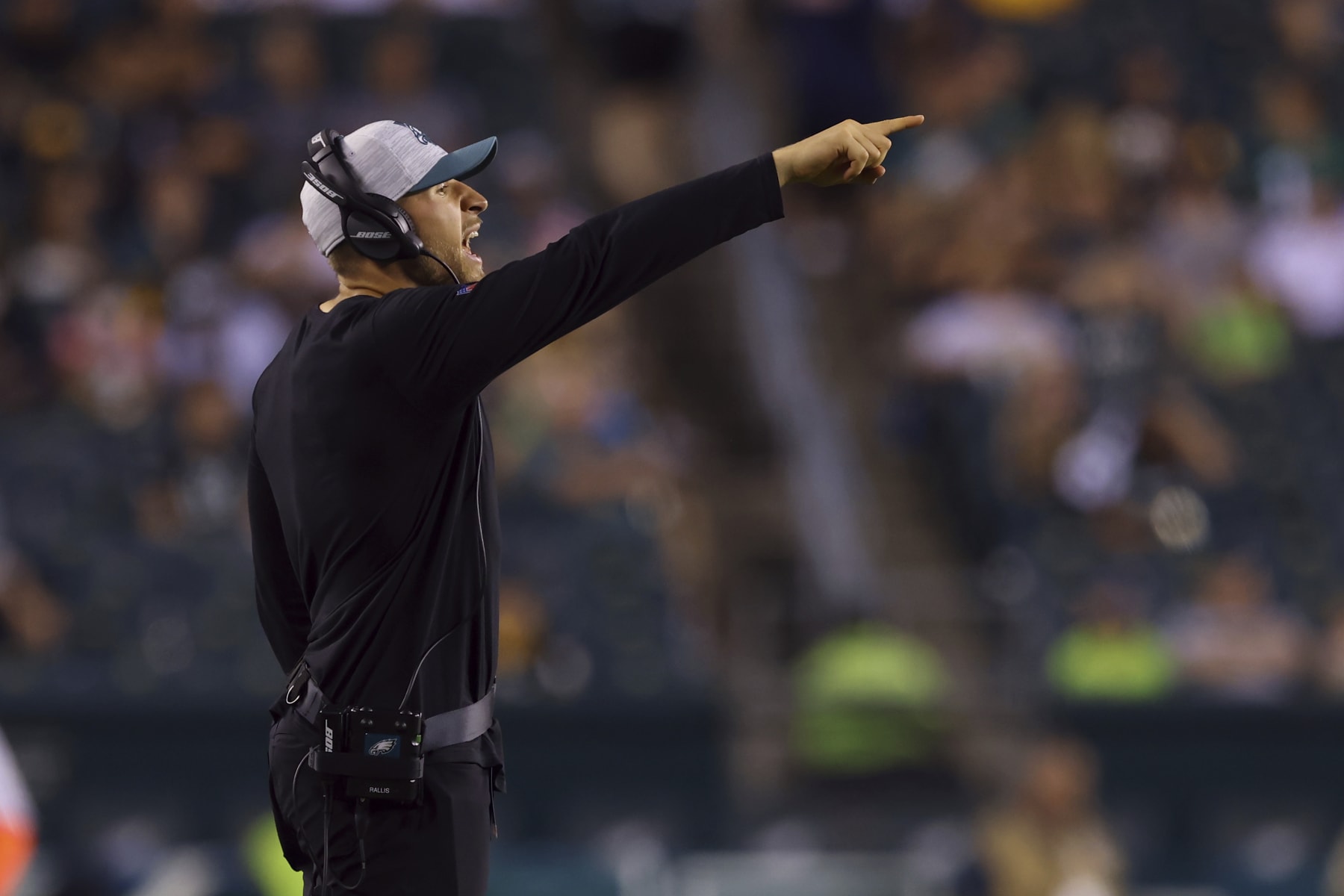 Philadelphia Eagles Linebacker coach Nick Rallis in action during a pre-season NFL football game against Pittsburgh Steelers, Thursday, Aug. 12, 2021, in Philadelphia. (AP Photo/Rich Schultz)