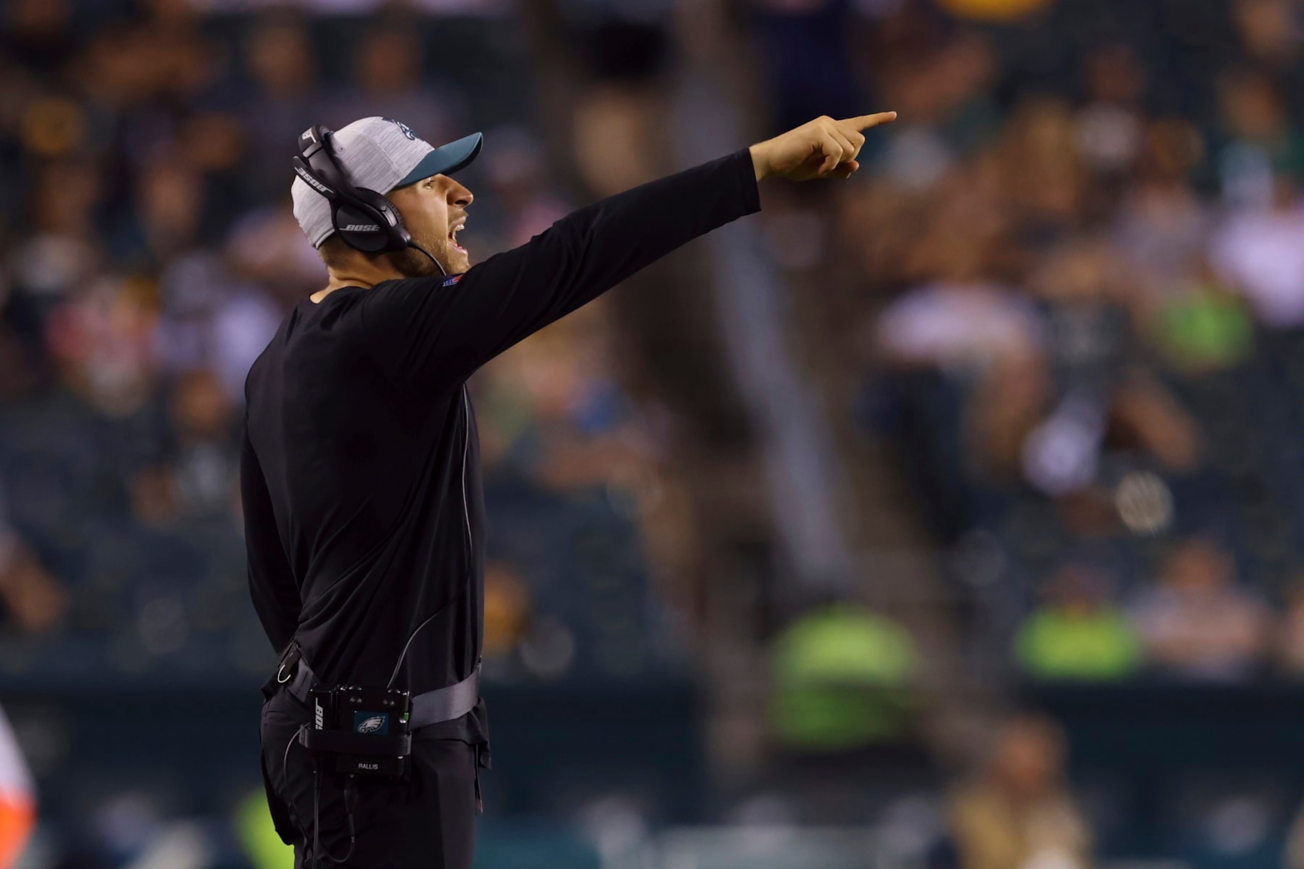 Philadelphia Eagles Linebacker coach Nick Rallis in action during a pre-season NFL football game against Pittsburgh Steelers, Thursday, Aug. 12, 2021, in Philadelphia. (AP Photo/Rich Schultz)