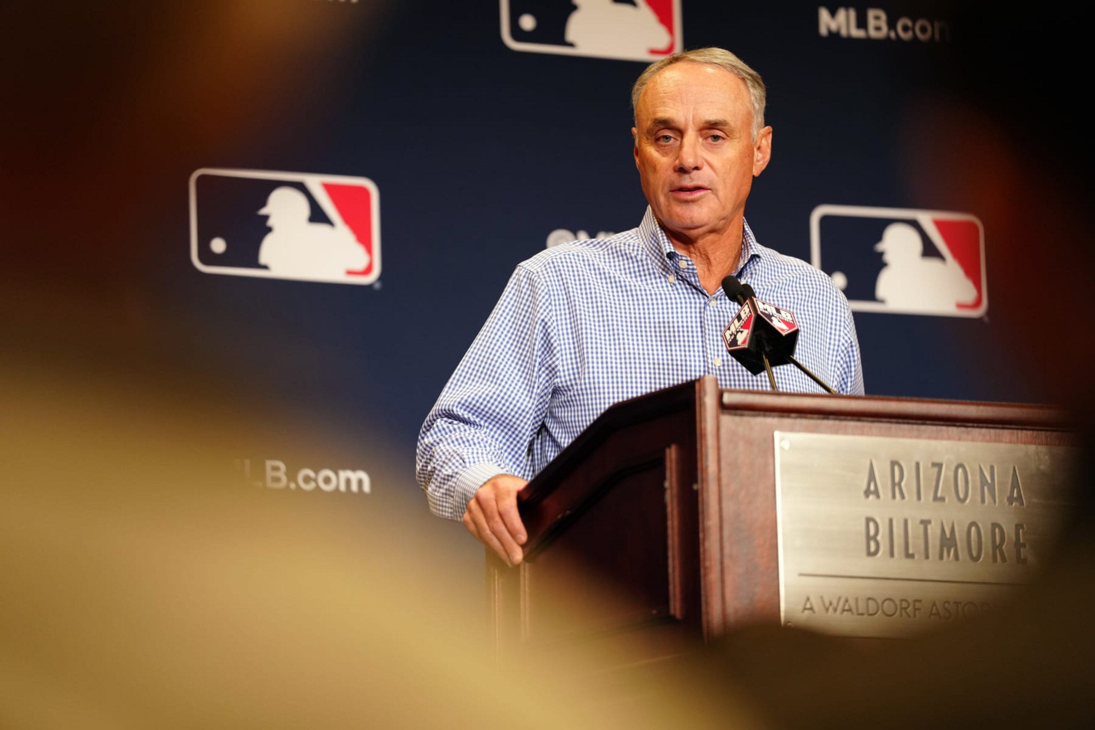 PHOENIX, AZ - FEBRUARY 15: Major League Baseball Commissioner Robert D. Manfred Jr. speaks to the media during the Spring Training Cactus League Media Day at Arizona Biltmore on Wednesday, February 15, 2023 in Phoenix, Arizona. (Photo by Daniel Shirey/MLB Photos via Getty Images) PHOENIX, AZ - FEBRUARY 15: Major League Baseball Commissioner Robert D. Manfred Jr. speaks to the media during the Spring Training Cactus League Media Day at Arizona Biltmore on Wednesday, February 15, 2023 in Phoenix, Arizona. (Photo by Daniel Shirey/MLB Photos via Getty Images)