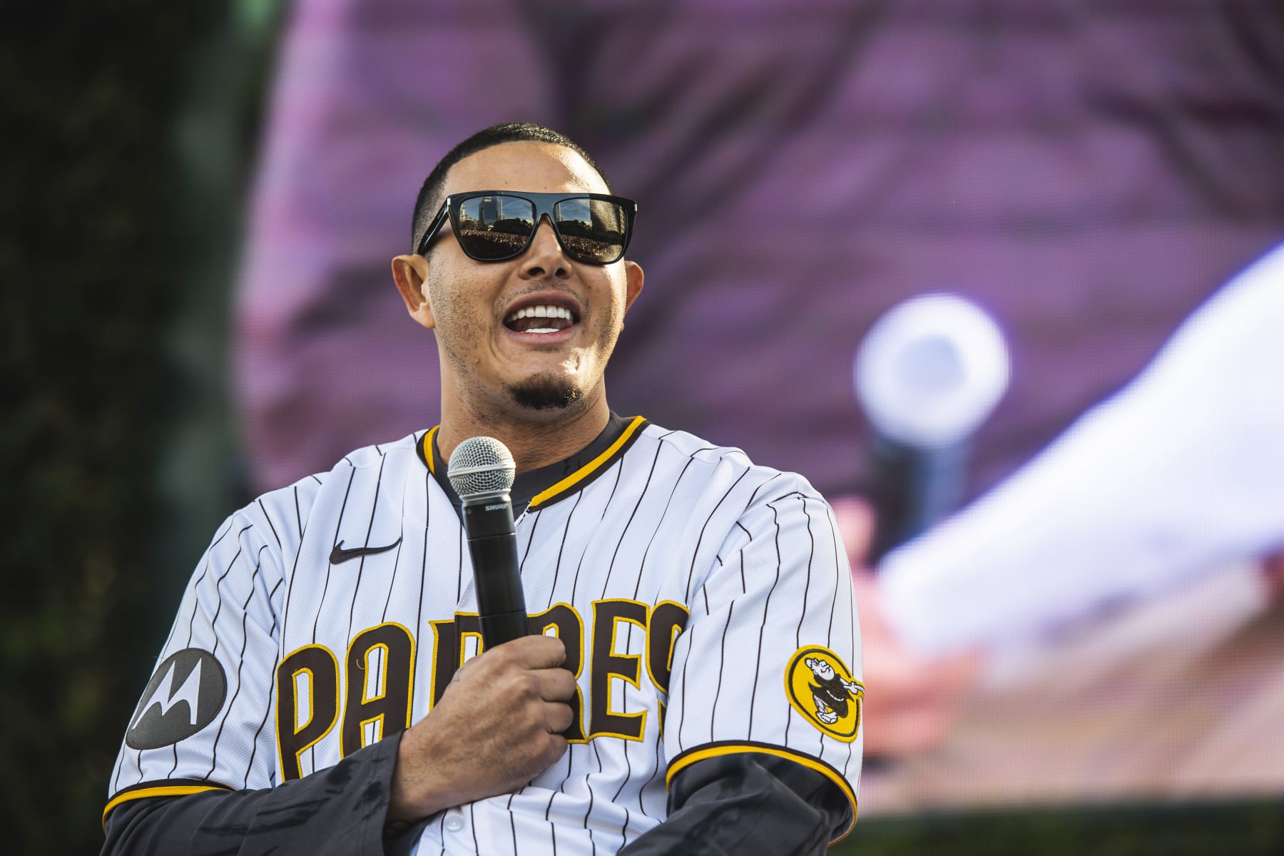 SAN DIEGO, CA - FEBRUARY 04: Manny Machado #13 of the San Diego Padres speaks to the crowd during the San Diego Padres Fan Fest at PETCO Park on February 4, 2023 in San Diego, California. (Photo by Matt Thomas/San Diego Padres/Getty Images)