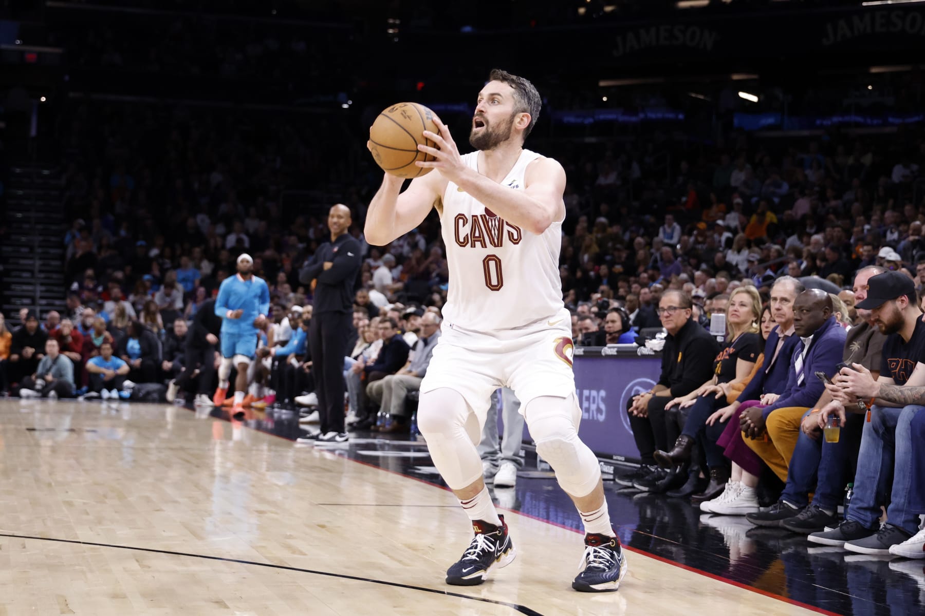 PHOENIX, ARIZONA - JANUARY 08: Kevin Love #0 of the Cleveland Cavaliers during the game against the Phoenix Suns at Footprint Center on January 08, 2023 in Phoenix, Arizona. The Cavaliers beat the Suns 112-98. NOTE TO USER: User expressly acknowledges and agrees that, by downloading and or using this photograph, User is consenting to the terms and conditions of the Getty Images License Agreement.  (Photo by Chris Coduto/Getty Images)