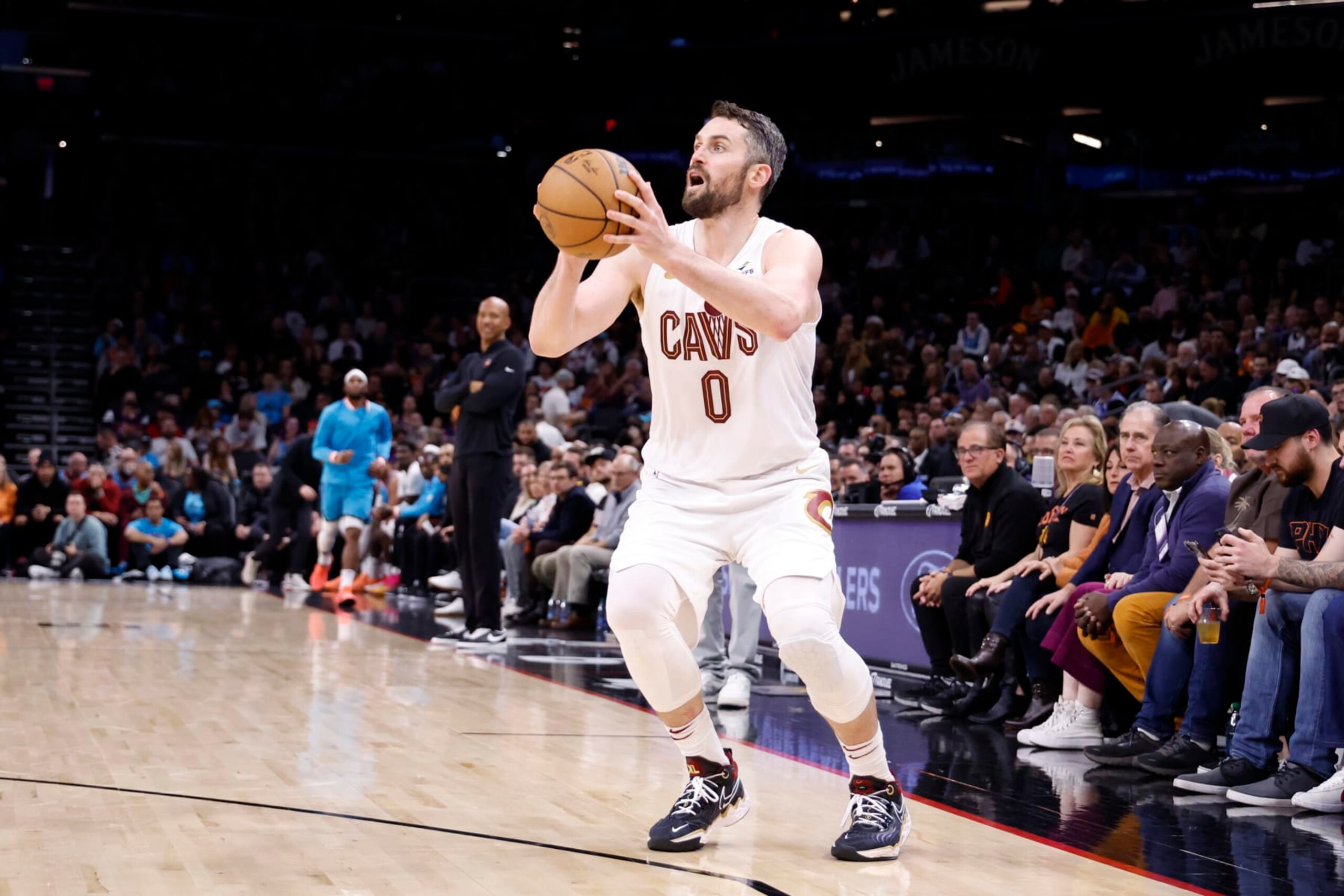 PHOENIX, ARIZONA - JANUARY 08: Kevin Love #0 of the Cleveland Cavaliers during the game against the Phoenix Suns at Footprint Center on January 08, 2023 in Phoenix, Arizona. The Cavaliers beat the Suns 112-98. NOTE TO USER: User expressly acknowledges and agrees that, by downloading and or using this photograph, User is consenting to the terms and conditions of the Getty Images License Agreement.  (Photo by Chris Coduto/Getty Images)