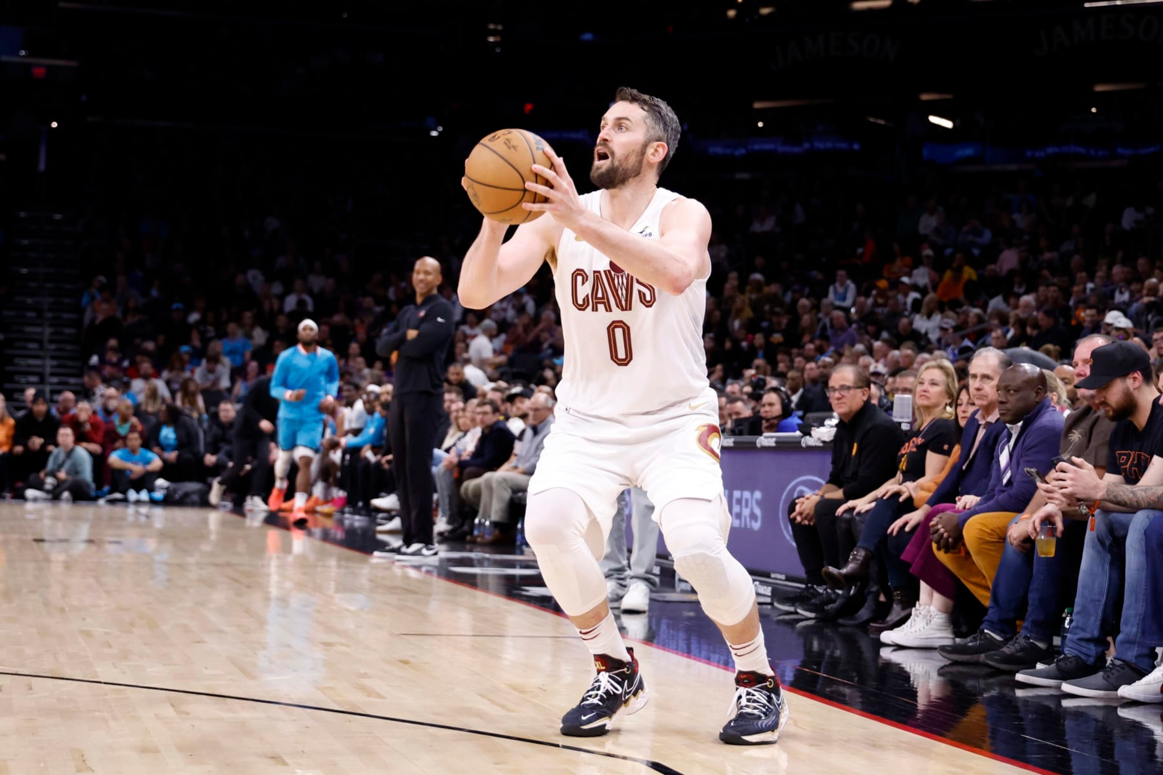 PHOENIX, ARIZONA - JANUARY 08: Kevin Love #0 of the Cleveland Cavaliers during the game against the Phoenix Suns at Footprint Center on January 08, 2023 in Phoenix, Arizona. The Cavaliers beat the Suns 112-98. NOTE TO USER: User expressly acknowledges and agrees that, by downloading and or using this photograph, User is consenting to the terms and conditions of the Getty Images License Agreement.  (Photo by Chris Coduto/Getty Images)