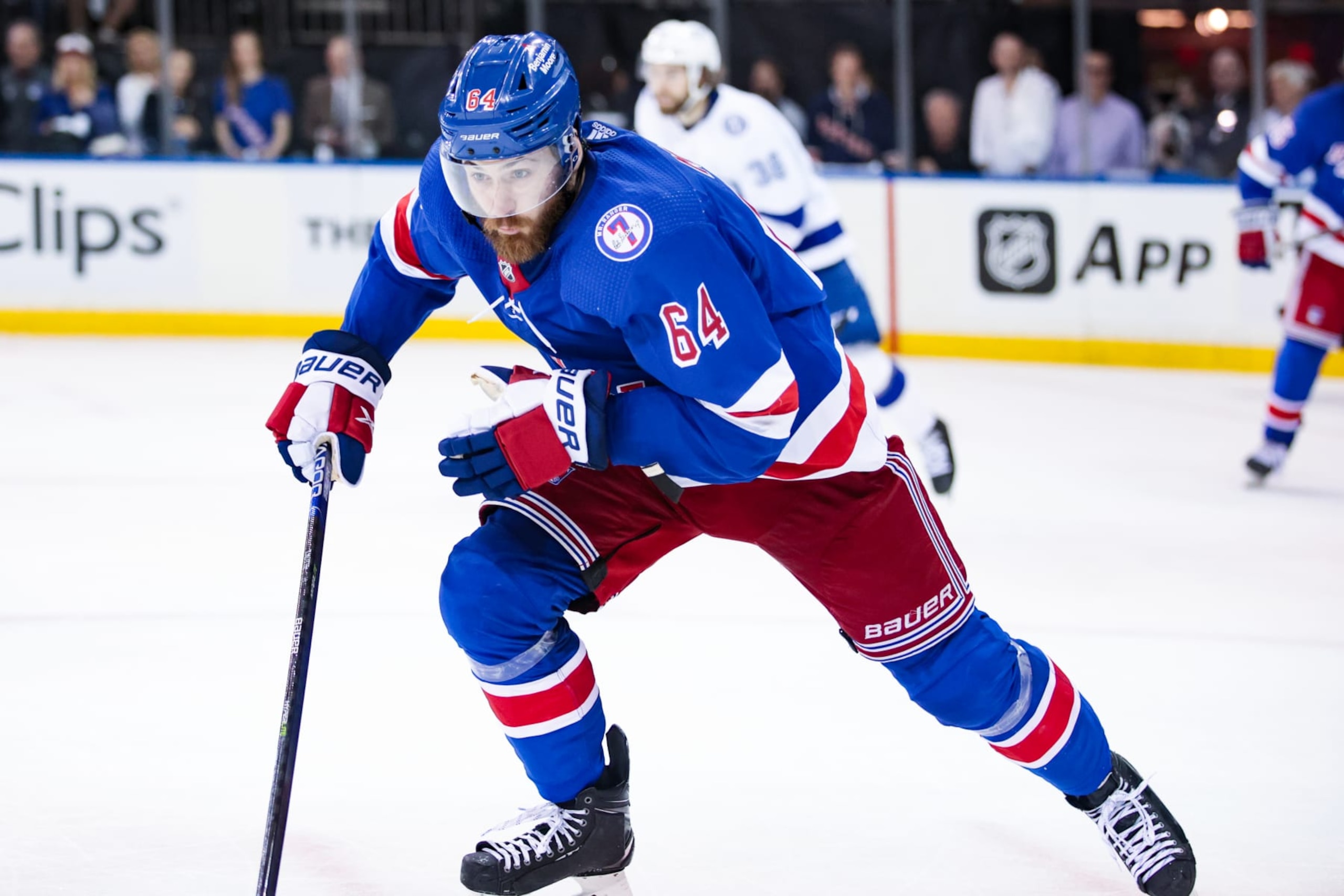 NEW YORK, NY - JUNE 03: New York Rangers Left Wing Tyler Motte (64) in action during the third period of game 2 of the NHL Stanley Cup Eastern Conference Finals between the Tampa Bay Lightning and the New York Rangers on June 3, 2022 at Madison Square Garden in New York, NY. (Photo by Joshua Sarner/Icon Sportswire via Getty Images)