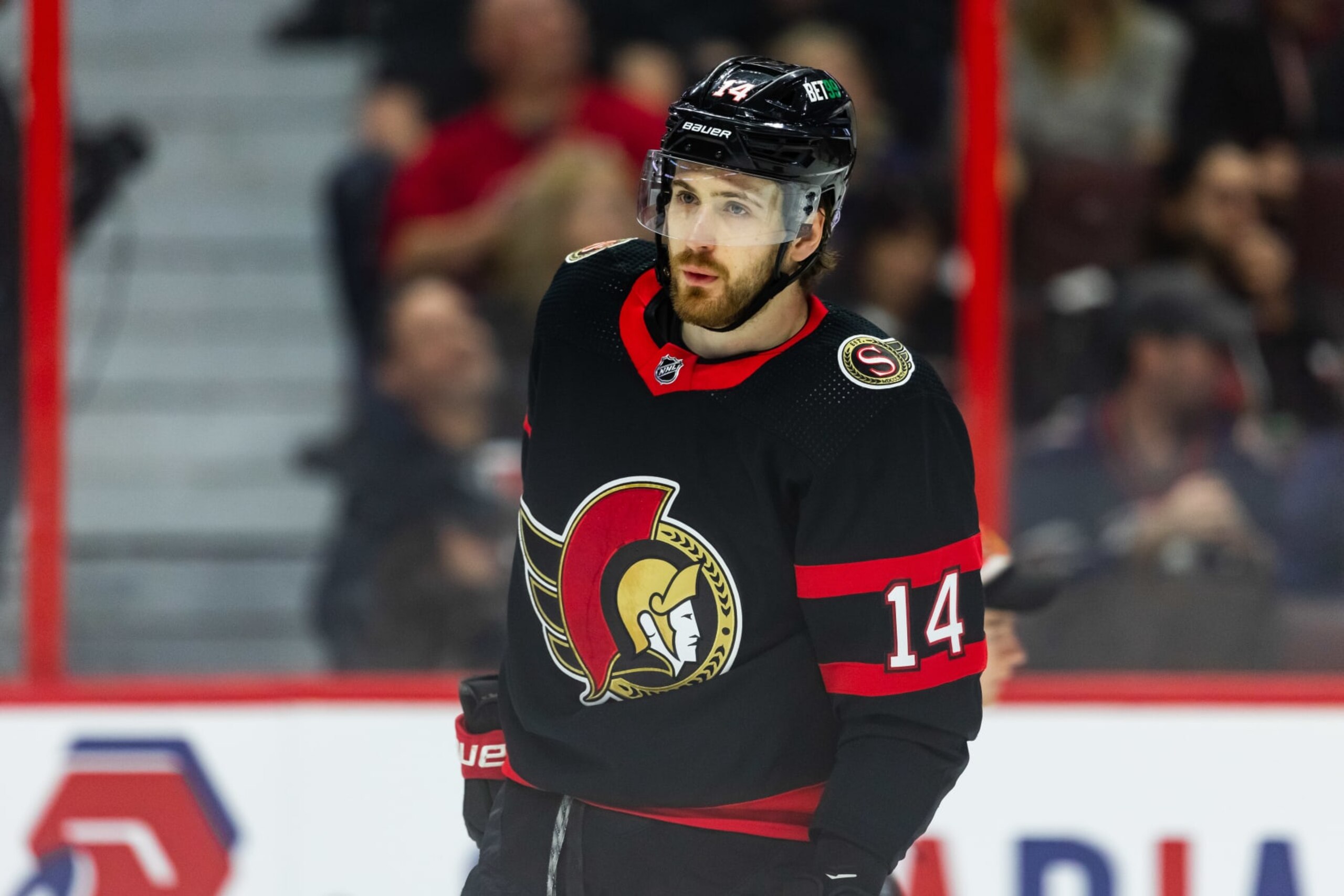OTTAWA, ON - FEBRUARY 11: Ottawa Senators Left Wing Tyler Motte (14) after a whistle during third period National Hockey League action between the Edmonton Oilers and Ottawa Senators on February 11, 2023, at Canadian Tire Centre in Ottawa, ON, Canada. (Photo by Richard A. Whittaker/Icon Sportswire via Getty Images)