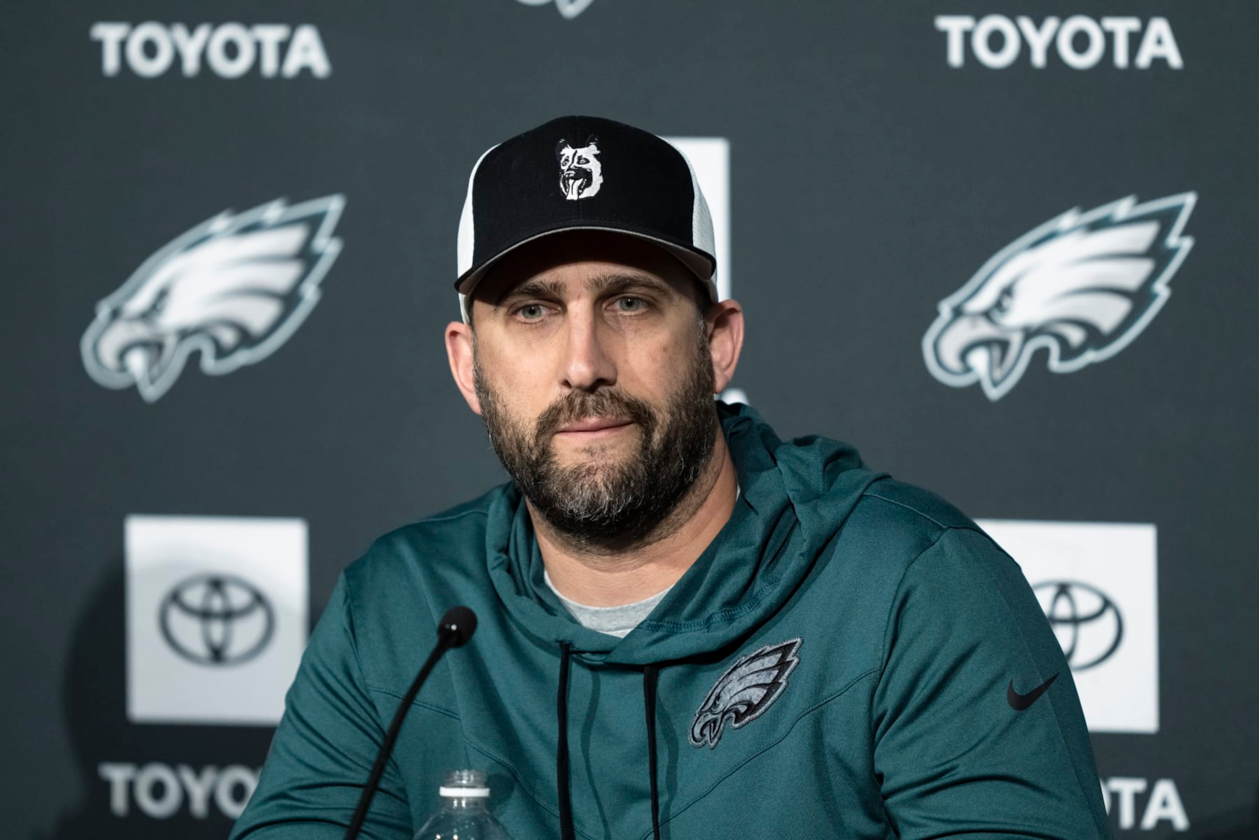 Philadelphia Eagles head coach Nick Sirianni speaks with members of the media during a news conference at the NFL football team's training facility in Philadelphia, Thursday, Feb. 16, 2023. (AP Photo/Matt Rourke)