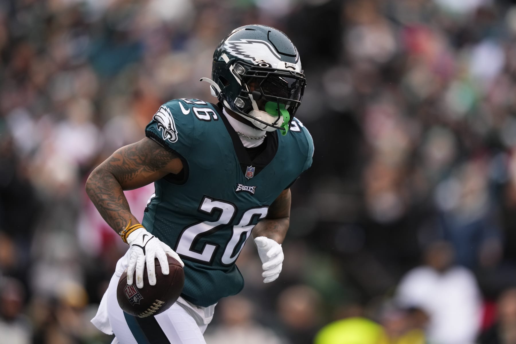 Philadelphia Eagles' Miles Sanders plays during the NFC Championship NFL football game between the Philadelphia Eagles and the San Francisco 49ers, Sunday, Jan. 29, 2023, in Philadelphia. (AP Photo/Matt Slocum)