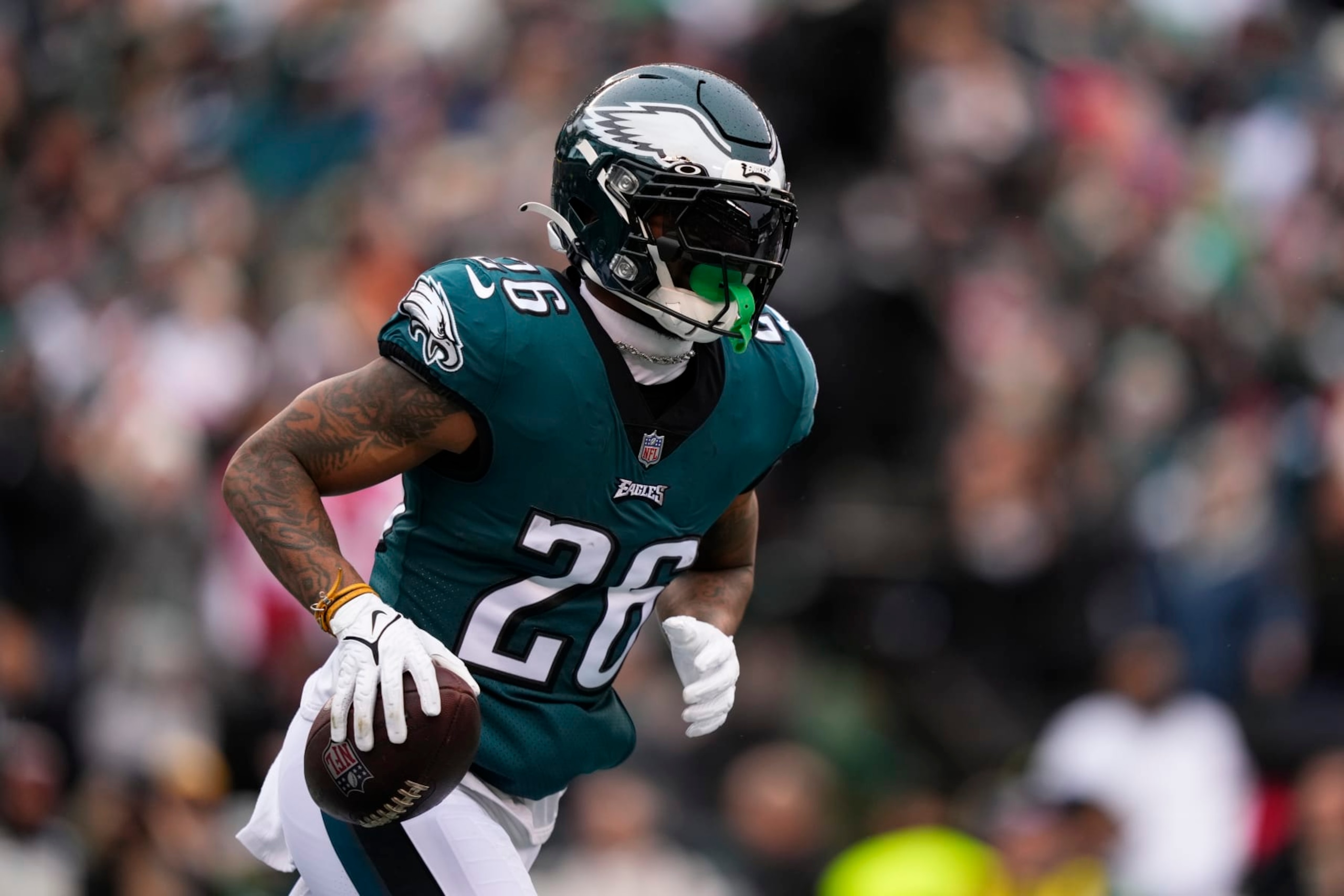 Philadelphia Eagles' Miles Sanders plays during the NFC Championship NFL football game between the Philadelphia Eagles and the San Francisco 49ers, Sunday, Jan. 29, 2023, in Philadelphia. (AP Photo/Matt Slocum)