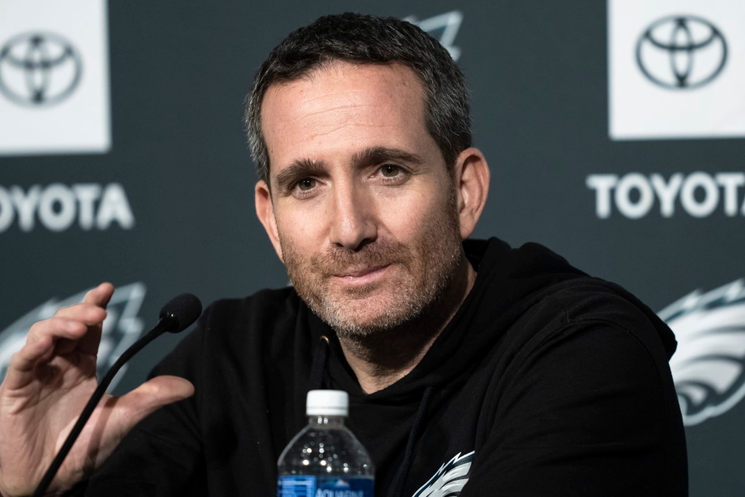 Philadelphia Eagles general manager Howie Roseman speaks with members of the media during a news conference at the NFL football team's training facility in Philadelphia, Thursday, Feb. 16, 2023. (AP Photo/Matt Rourke)